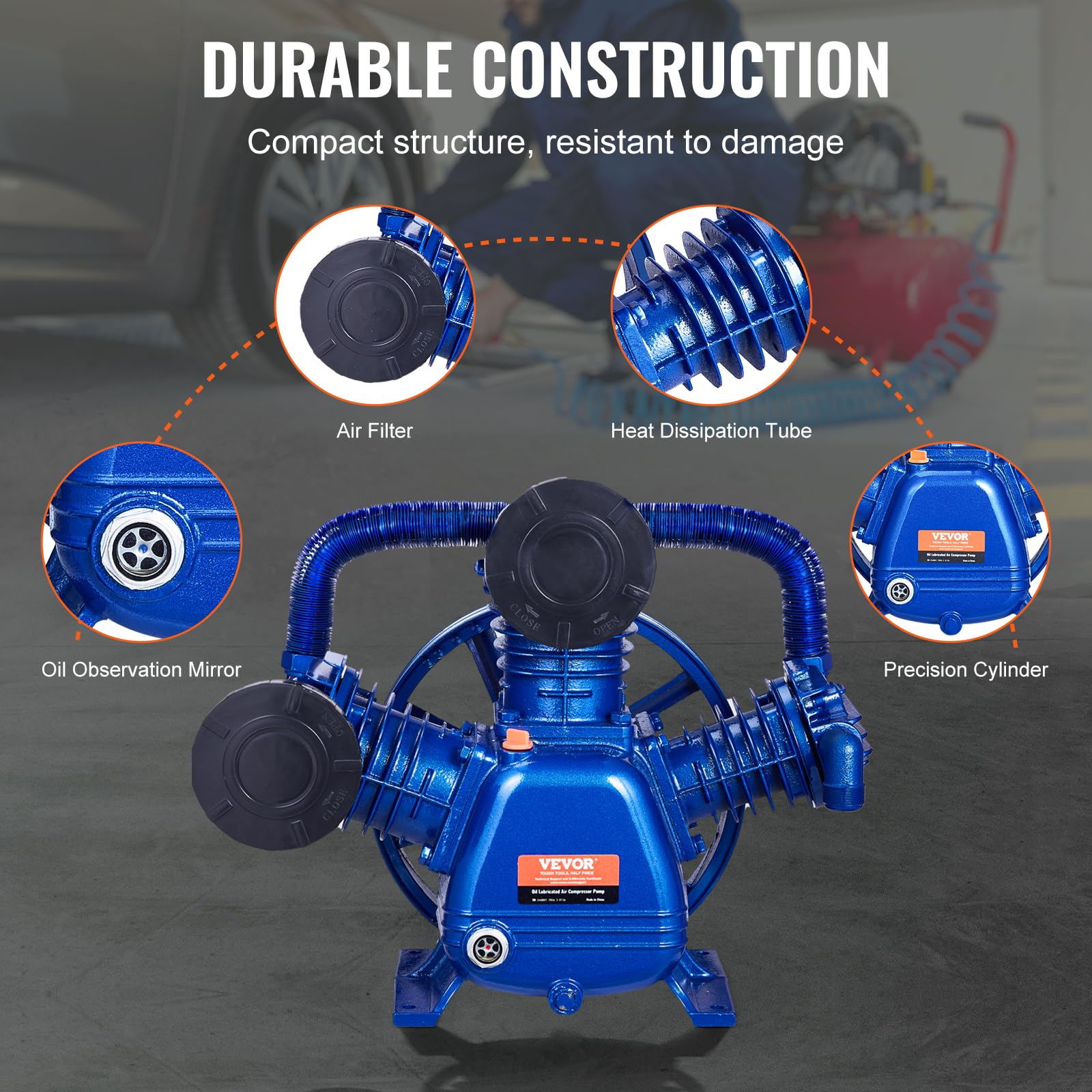 VEVOR Cabezal de Bomba de Compresor de Aire, 10 HP, 17,5 CFM, 185 PSI, Doble Etapa, Hierro Fundido