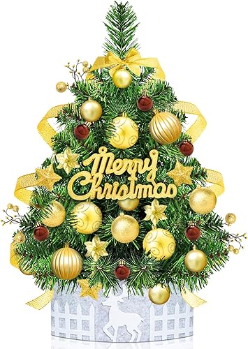 Miniatura 8 de Mini árbol de Navidad con luces, árbol de Navidad de mesa preiluminado de 24 pulgadas2 pies con 19 decoraciones, pequeño árbol de Navidad artificial