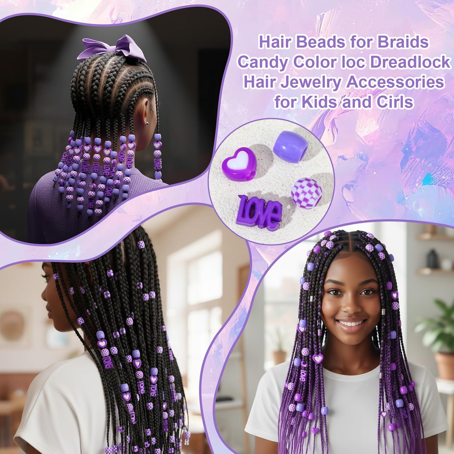 TIESOME 60 Pcs Large Hair Beads, Purple Resin Big Beads For Hair With Puller Tool, Braid Loc Dreadlock Bead For Girls Kids Women, Easy To Thread For Ponytail, Braids, Hairs Jewelry Accessories