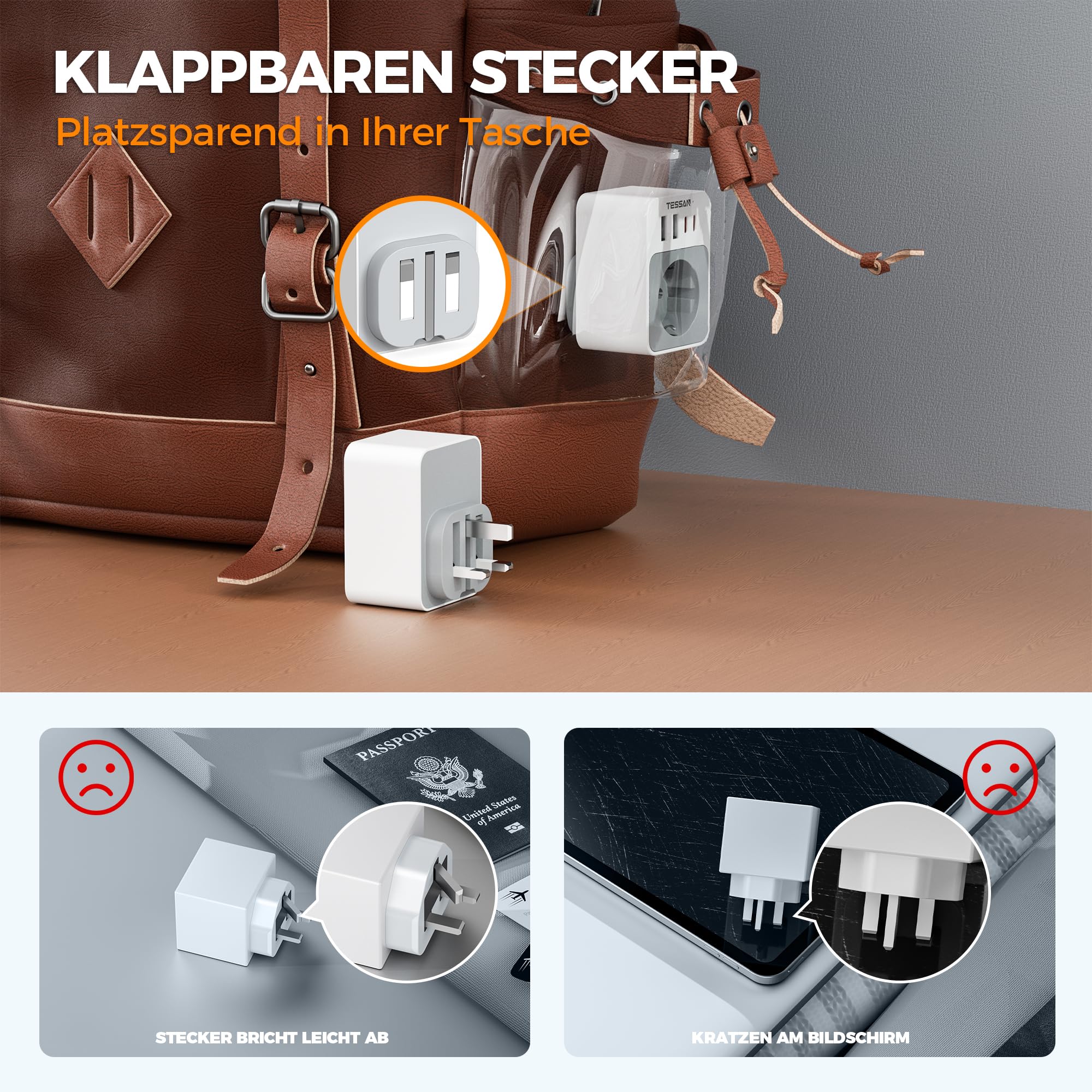TESSAN Adapter England Deutschland Stecker, Faltbar 5 in 1 Reiseadapter Typ G mit 2 USB C und 2 USB A, Kleines klappbares Design, Steckdosenadapter für London Malta Irland Dubai, UK Adapter auf EU
