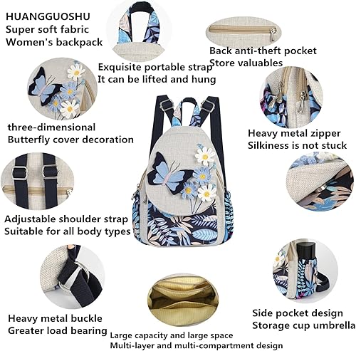 Vista 52 de HUANGGUOSHU Mujer de algodón tejido bohemio cáñamo Boho lona bordado múltiples bolsillos retro linda mochila cartera mochila mochila gato caprichoso