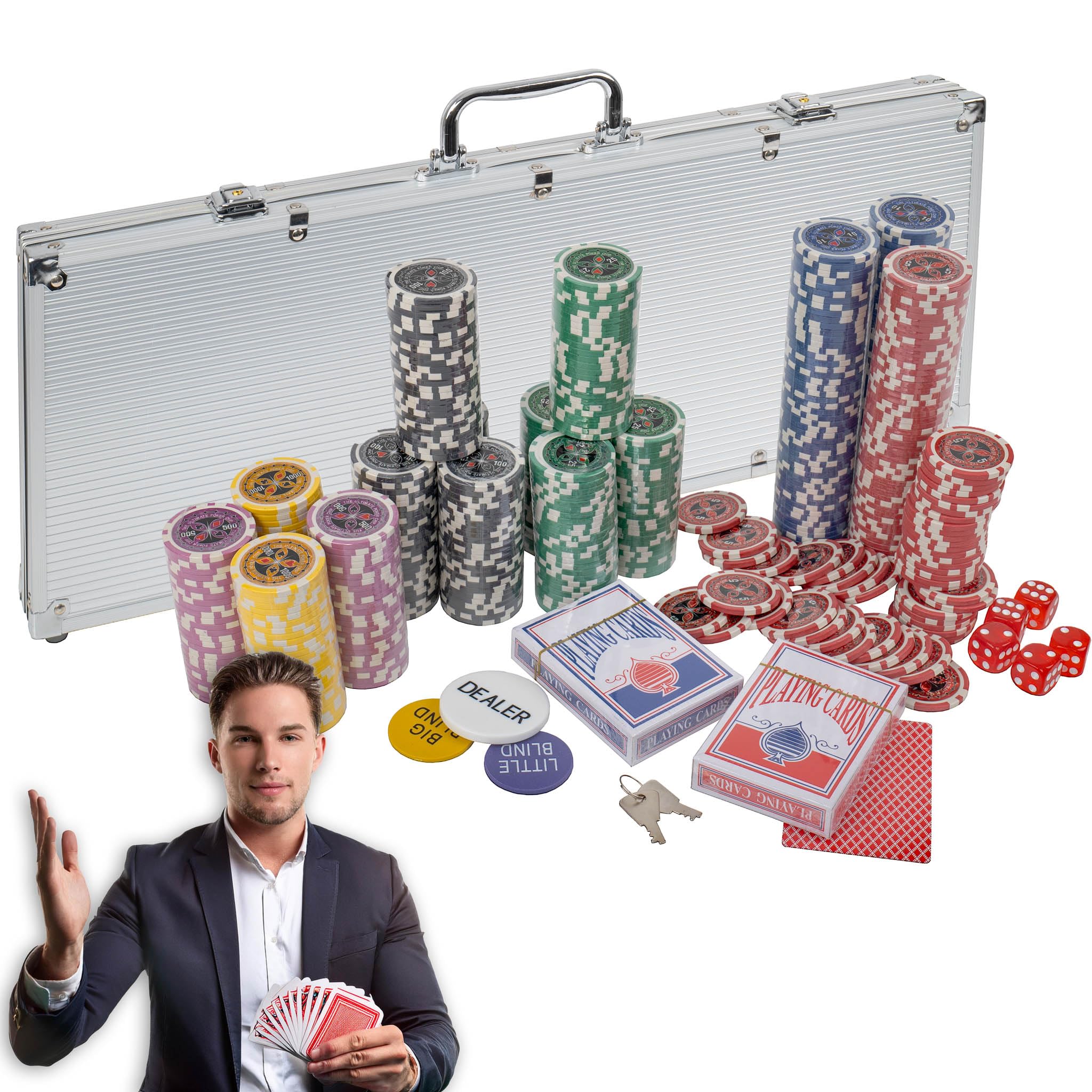 H&F Heimtextilien Walizka pokerowa 500 żetonów – duży zestaw do pokera premium z 6 poziomami wartości, 2 taliami na karty, kostkami i guzikami krupiera w aluminiowej walizce