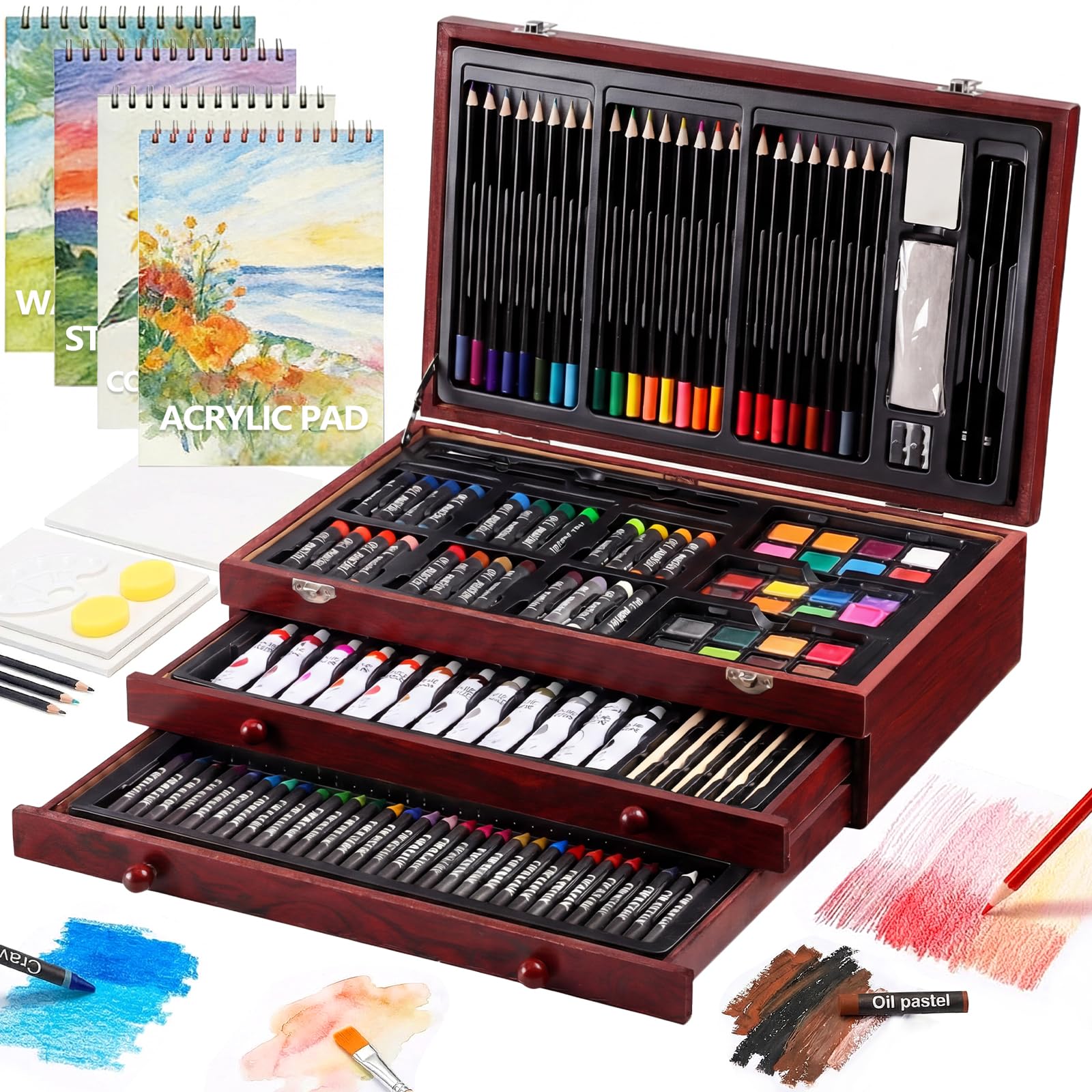 194 Piece Deluxe Art Set, Painting Drawing Art Supplies with 4 Drawing Pads, Acrylic Paints, Crayons, Colored Pencils Set in Wooden Case, Art Kit Gift Box for Kids, Teens, Adults, Artists, Beginners
