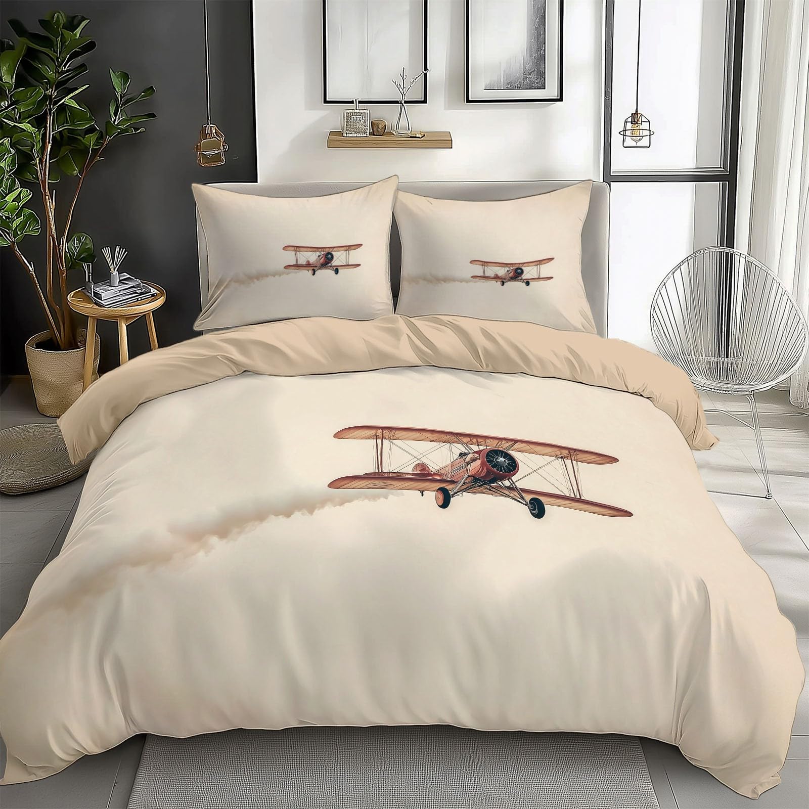 Housse de couette 240x260 avion rétro beige avec 2 taies d'oreiller