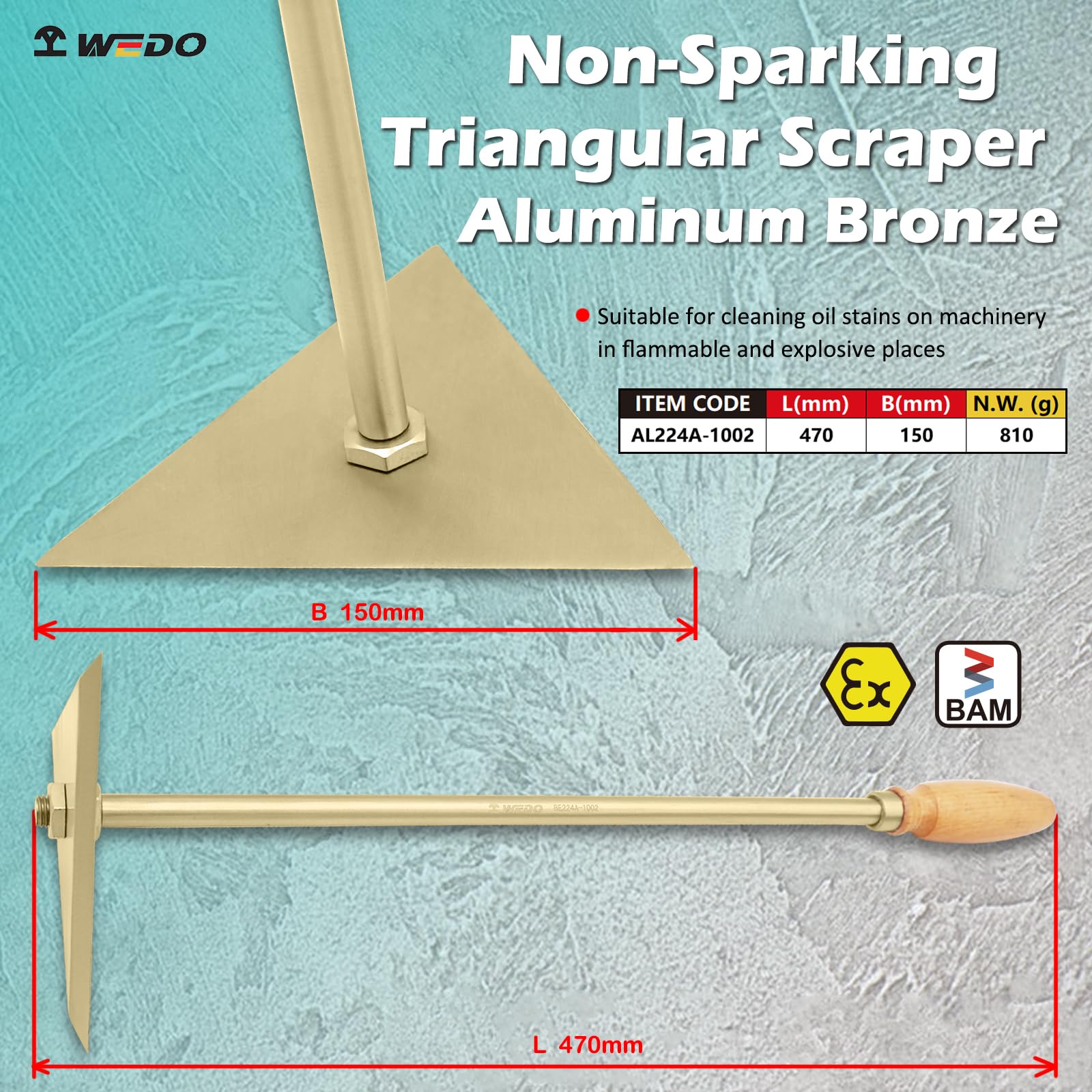 WEDO Raspador triangular sin chispas, hoja de espátula de 150 mm de ancho, 470 mm de largo, bronce de aluminio, resistente a la corrosión, mango de madera, certificado BAM & FM