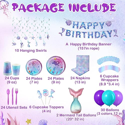Miniatura 2 de Rtteri 224 piezas de decoraciones de cumpleaños de sirena para niñas, platos de fiesta de sirena, tazas, pancartas de feliz cumpleaños, espirales