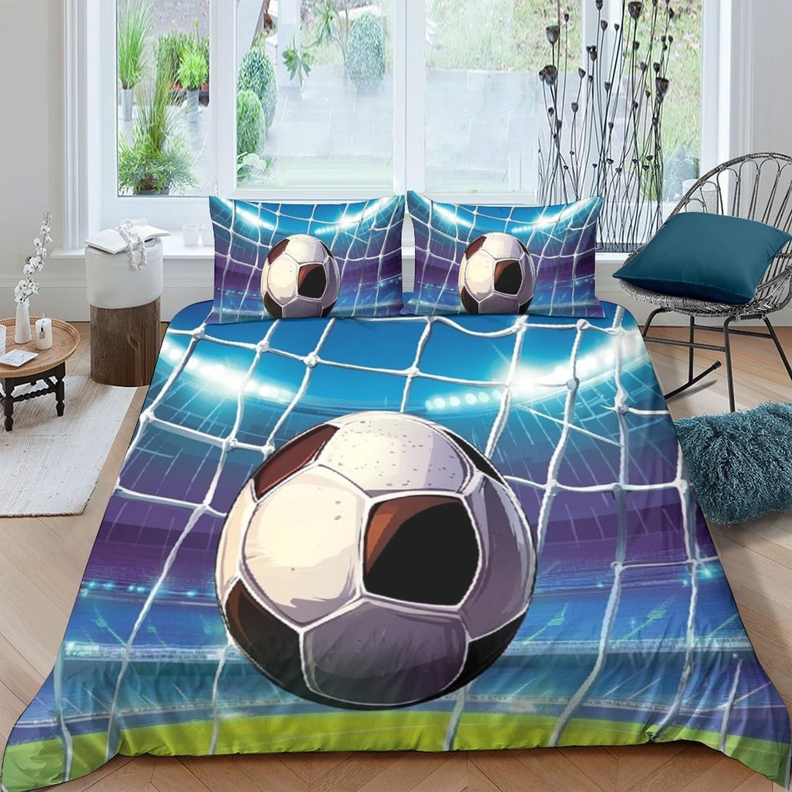 Ctjqhvkz Style-10 3D Printed Football Goal Fitted Sheet Microfiber Soft Blue Soccer Net Bed Cover For Bedroom Guest Room Decor Single（135X200cm）