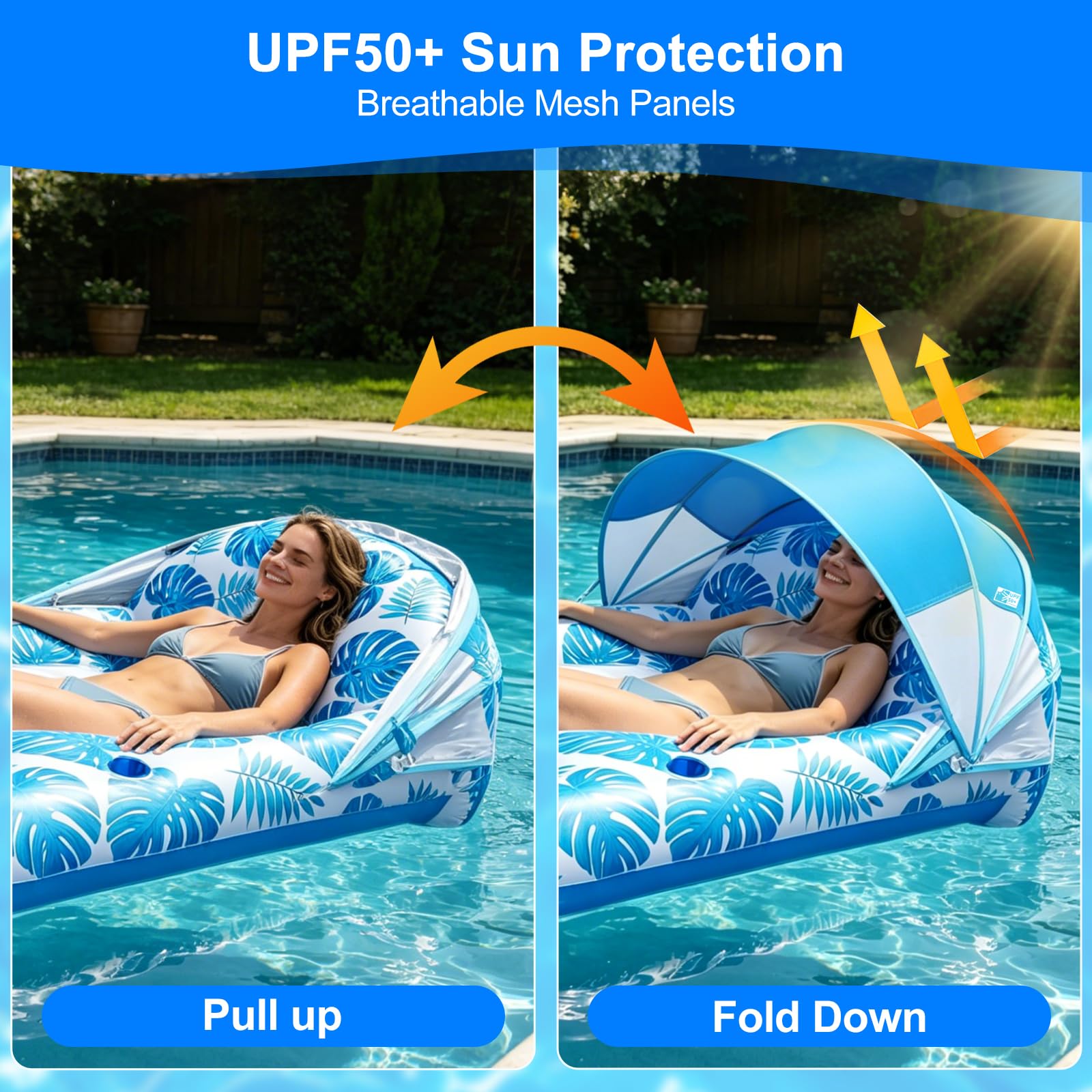 Flotador Tipo Tumbona con Toldo UPF50+, 140x110CM Extra Grande para Adultos, Resistente, Inflable con Posavasos y Soporte para Móvil, Respaldo y Reposapiés
