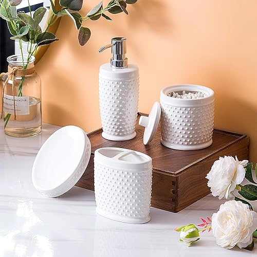 Miniatura 7 de Juego de accesorios de baño, juego completo de accesorios de baño de cerámica de 4 piezas con dispensador de loción, tarro de algodón, jabonera,