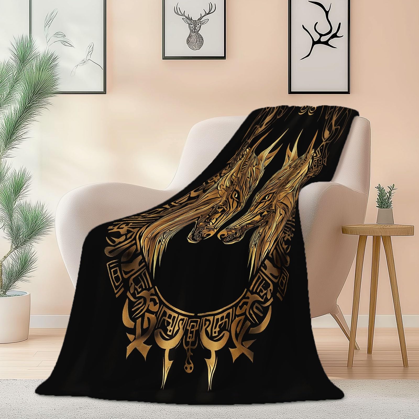 Manta Polar de Franela de Microfibra Animales Tradicionales Pintados A Mano Mantas Impresas para la Siesta del sofá, para sofá Cama, Dormitorio, Sala de Estar 180 x 200 cm, Negro Dorado