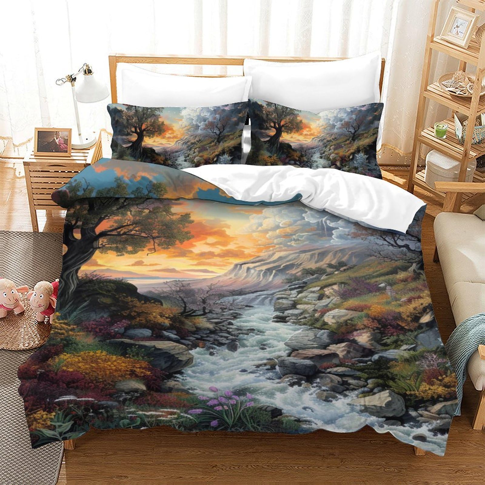 Housse de couette montagne 140x200 cm avec ses taies d'oreiller pour lit simple