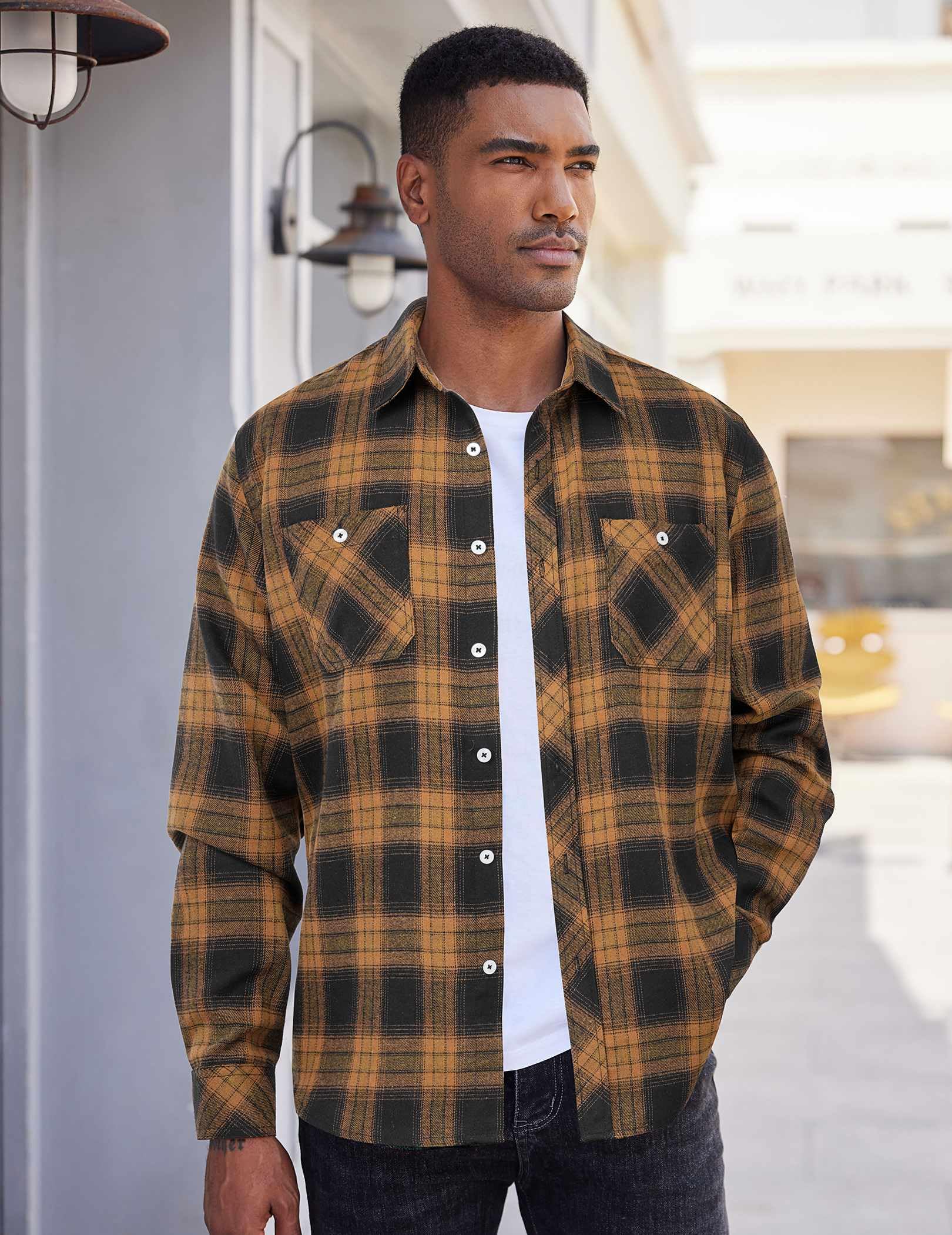 COOFANDY Camicia da uomo in flanella a quadri a maniche lunghe casual con bottoni e tasche