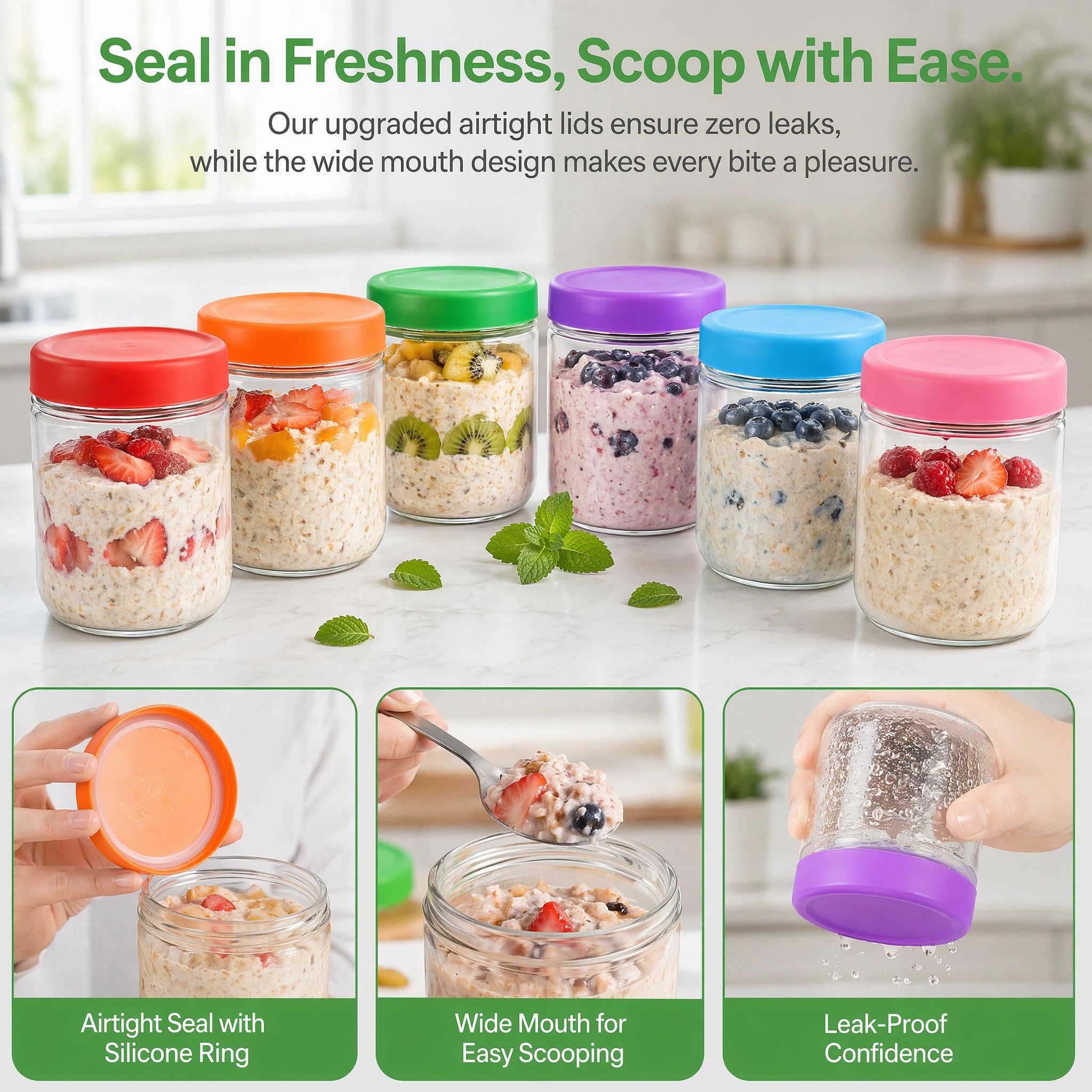 EONJOE Contenitori per avena da 473 ml con coperchio, confezione da 6 barattoli in vetro per la preparazione di cereali, caramelle, snack, insalata, yogurt, budino