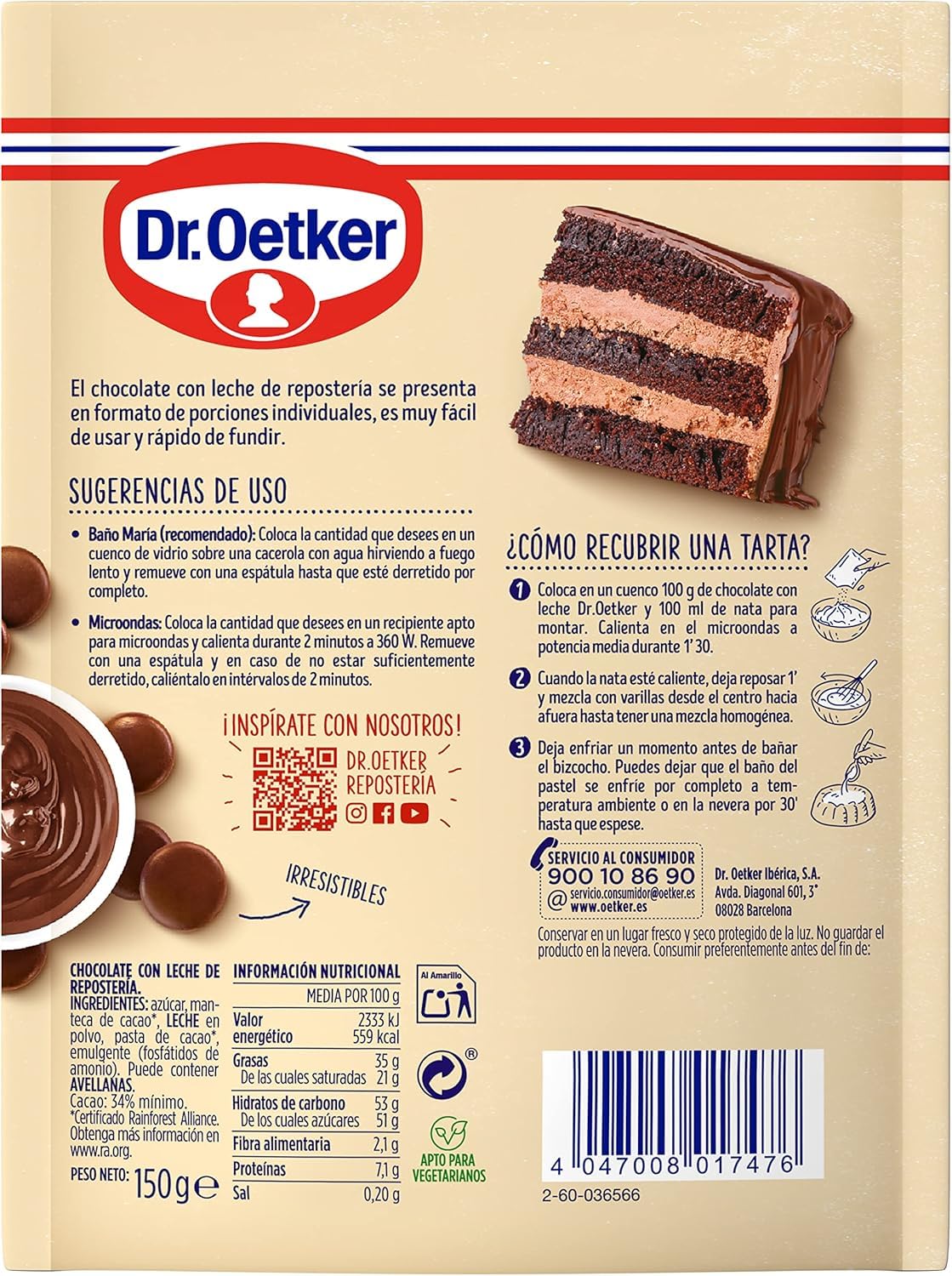DR. OETKER - Chocolate con Leche para Repostería Pack 10 Uds x 150 g, Cobertura Especial para Bizcocho, Tartas o Cualquier Dulce, Intenso Sabor, Fácil de Usar
