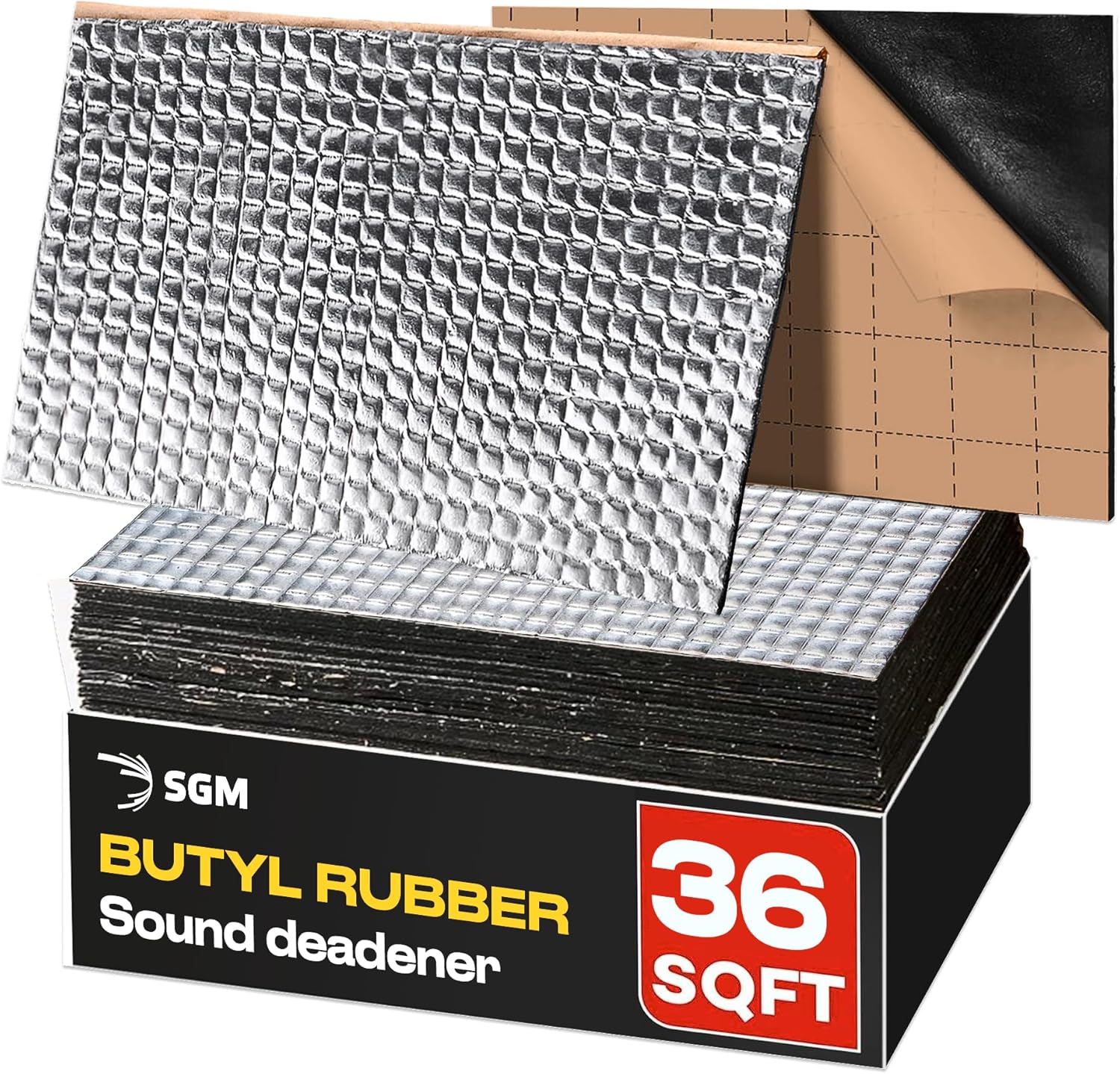 SGM Silver Car Sound Deadening Mat 80 mil (2mm) 36 sqft (3.4 sqm), Automotive Sound Deadener, Self Adhesive Butyl Car Sound Deadening Material, Audio Noise Insulation and Dampening Sheets