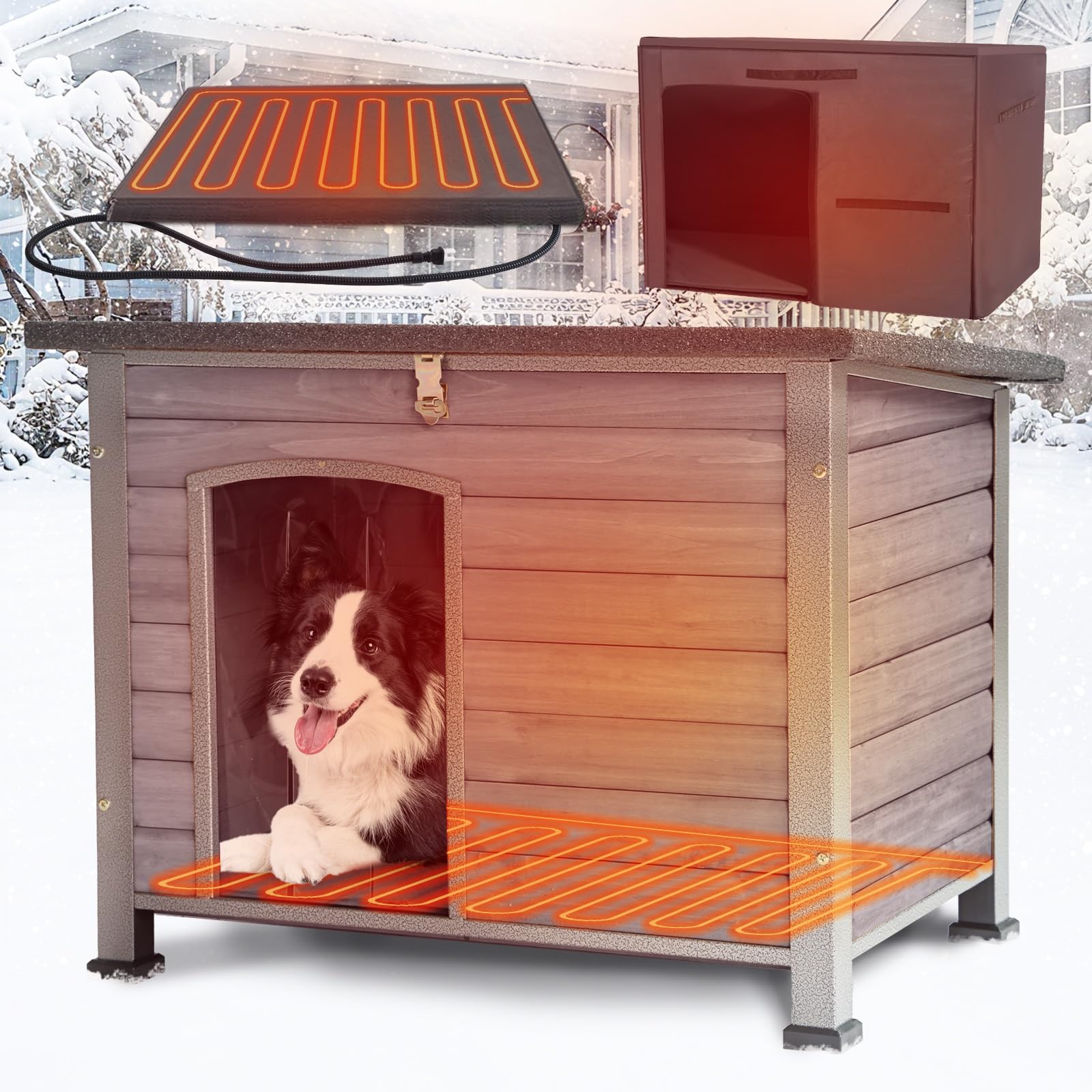 33.3’’ Heated Outdoor Dog House Weatherproof Insulated Dog Kennel with Metal Frame, Dog Shelter with Heating Pad, 6-Sided Insulated Liner and PVC Door Curtain for Winter (Grey)