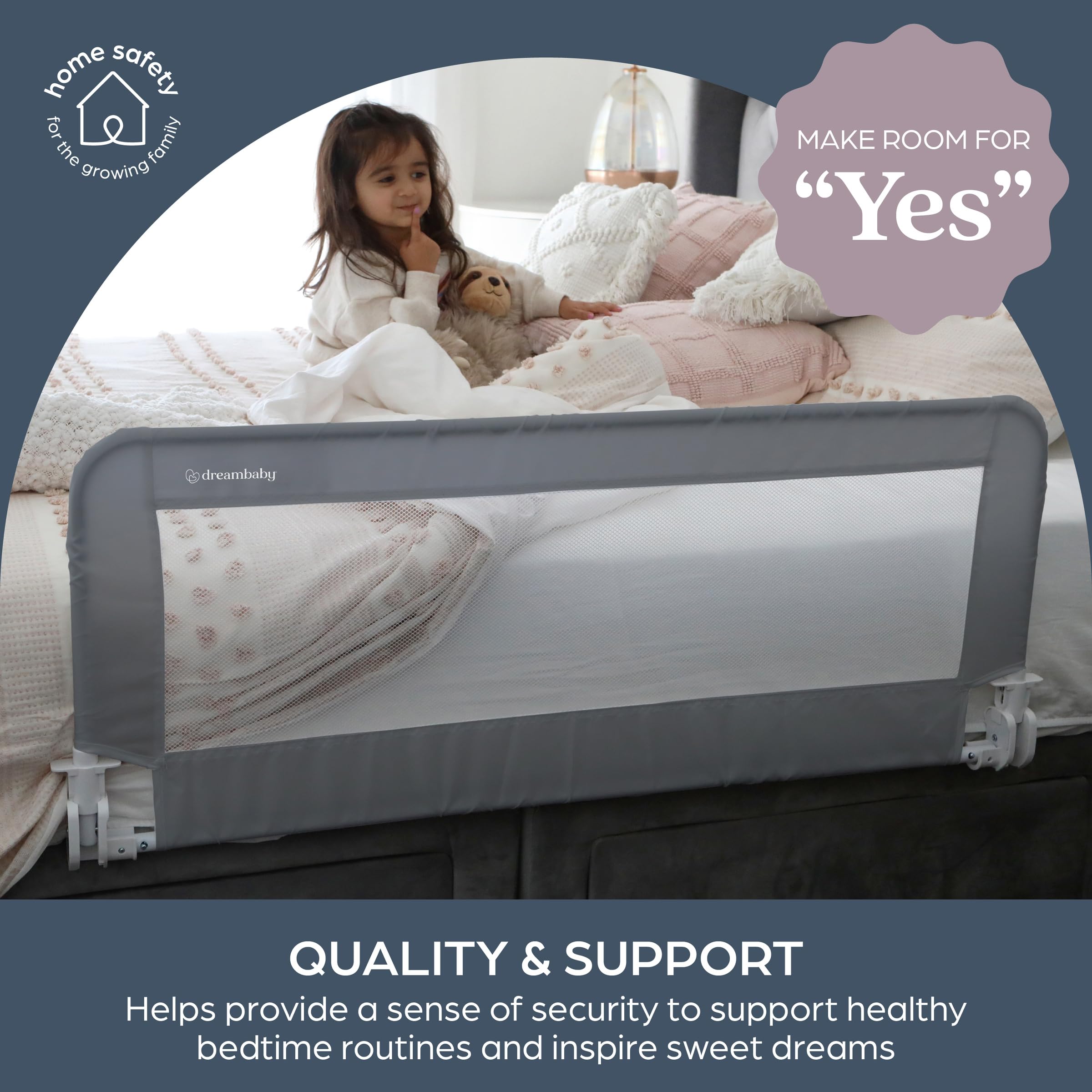 Dreambaby Parapetti di protezione per letto Praga, barriera di sicurezza pieghevole e portatile per i più piccoli, adatta a materassi da singolo a king size con basi piatte, 110 cm di larghezza x 45,5