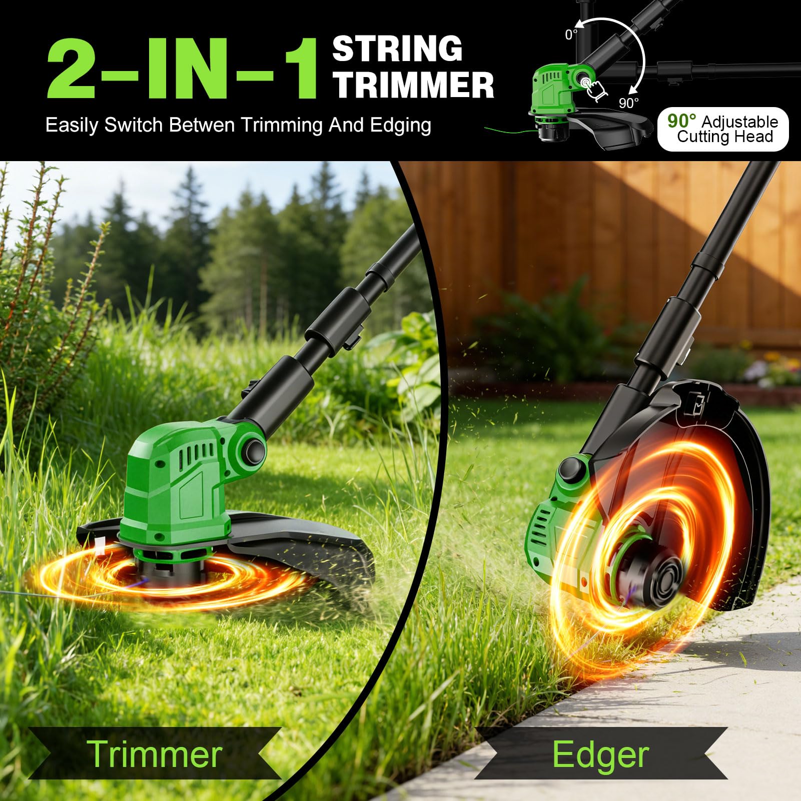 Rasentrimmer mit Rad 14 Zoll,Akku-Rasentrimmer mit 2×3,0 Ah Batterie und Ladegerät,20.000 U/min,4-in-1 Freischneider mit 800W Bürstenloser Motor,8 Ersatzspulen für Garden Trimmen,Höfe