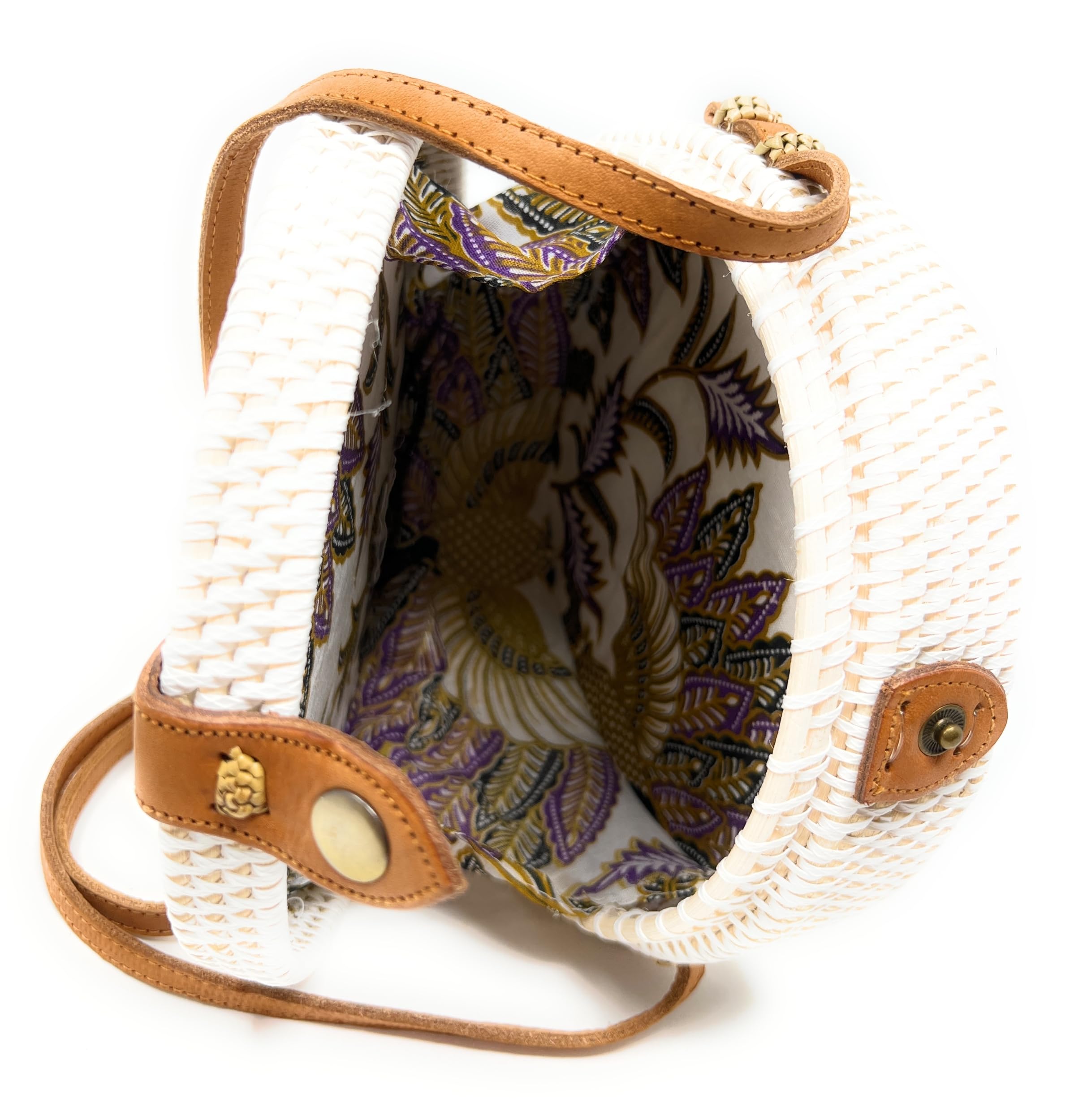 Bolsa de mimbre redonda blanca con correa de piel larga trenzada para mujer, bolso cruzado, 20 cm, Blanco