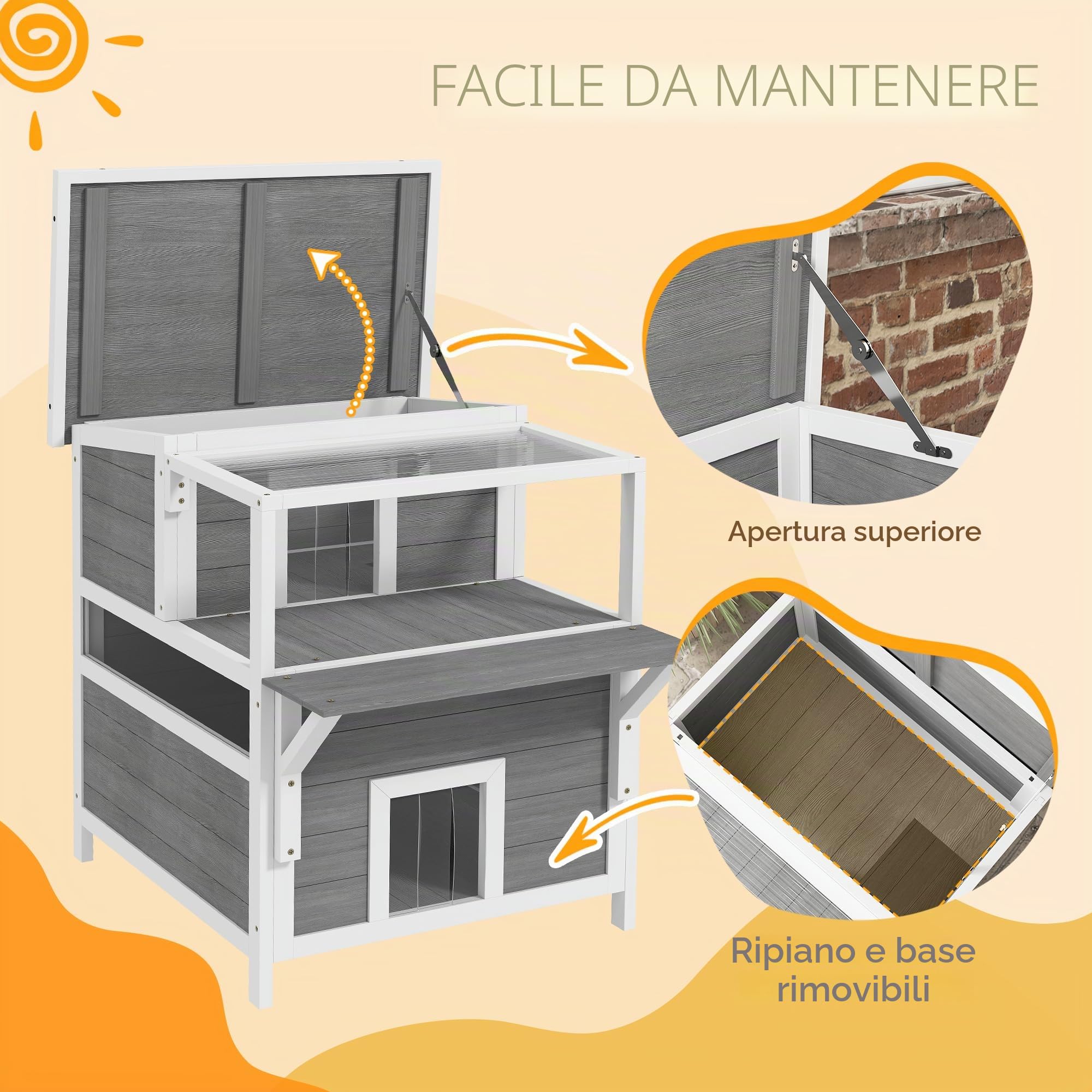 PawHut Casa gatti con balcone, 2 piani, antipioggia, Grigio chiaro