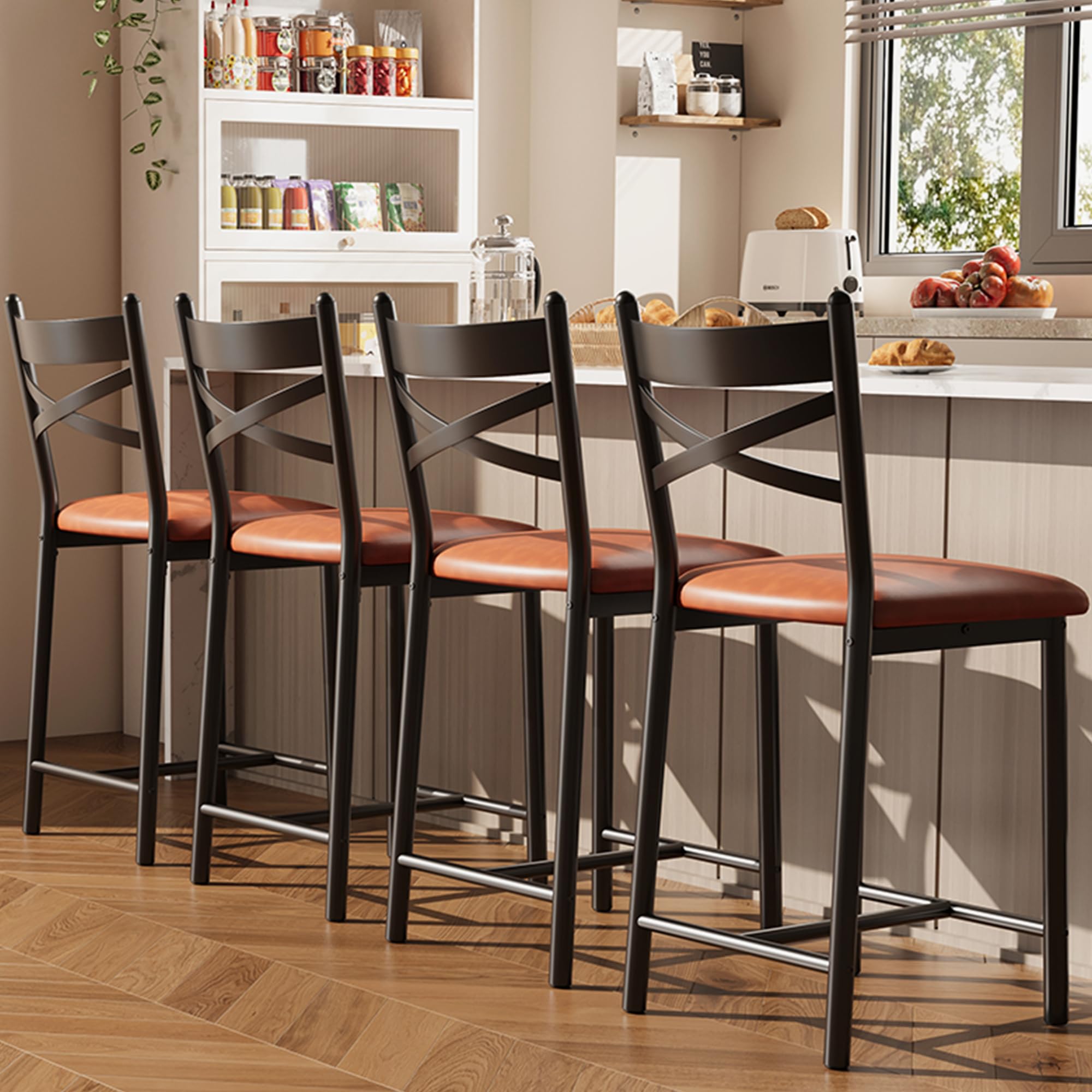 GAOMON 22" Bar Stools Set of 4, Counter Height Bar Stools with PU Upholstered Seat, Metal Frame Kitchen Bar Chairs with X-Design Back and Footrest for