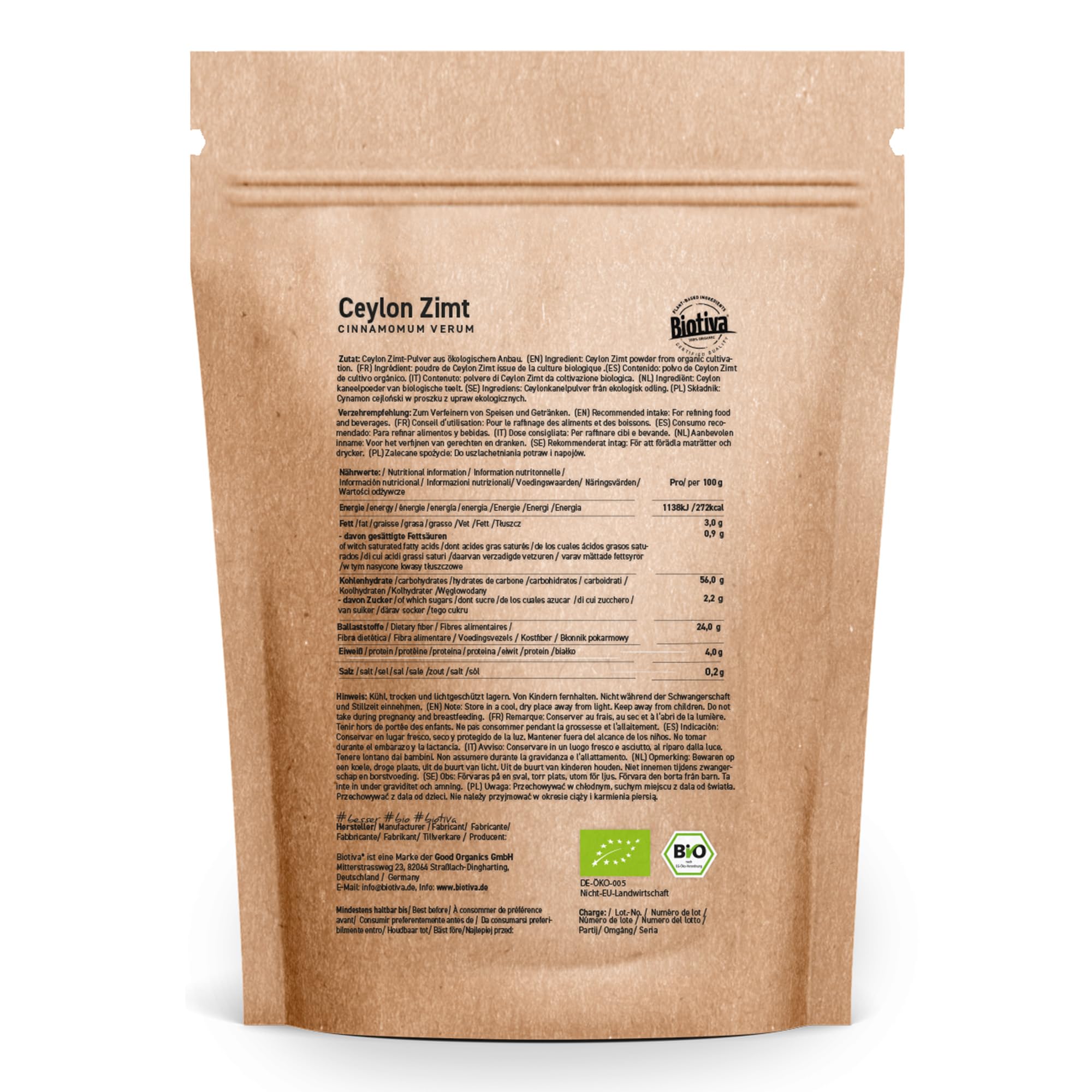 Cannelle de Ceylan en poudre bio 1kg (4x250g) - qualité 100% bio - cannelle en poudre - végétalien - sans sucre ajouté - mis en bouteille et contrôlé en Allemagne - Biotiva