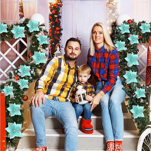 Miniatura 6 de Boao 24 flores de Pascua artificiales con purpurina para Navidad, boda, árbol de Navidad, Año Nuevo (azul verde)