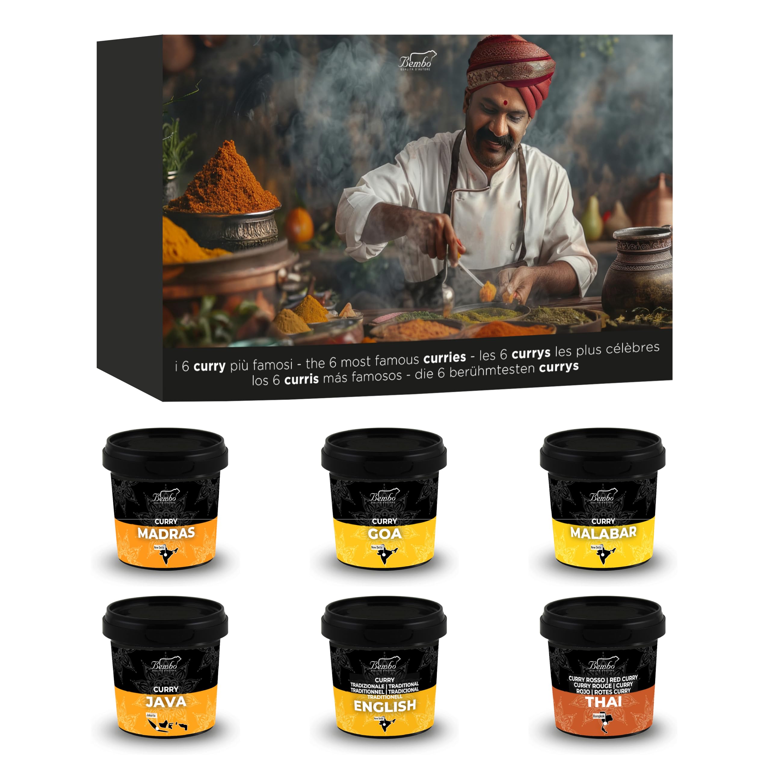 Set 6 Currys del Mundo Bembo – Mezcla de Especias Curry Gourmet – Madras, Goa, Malabar, Java, Inglés, Thai Rojo – Regalo Cocina