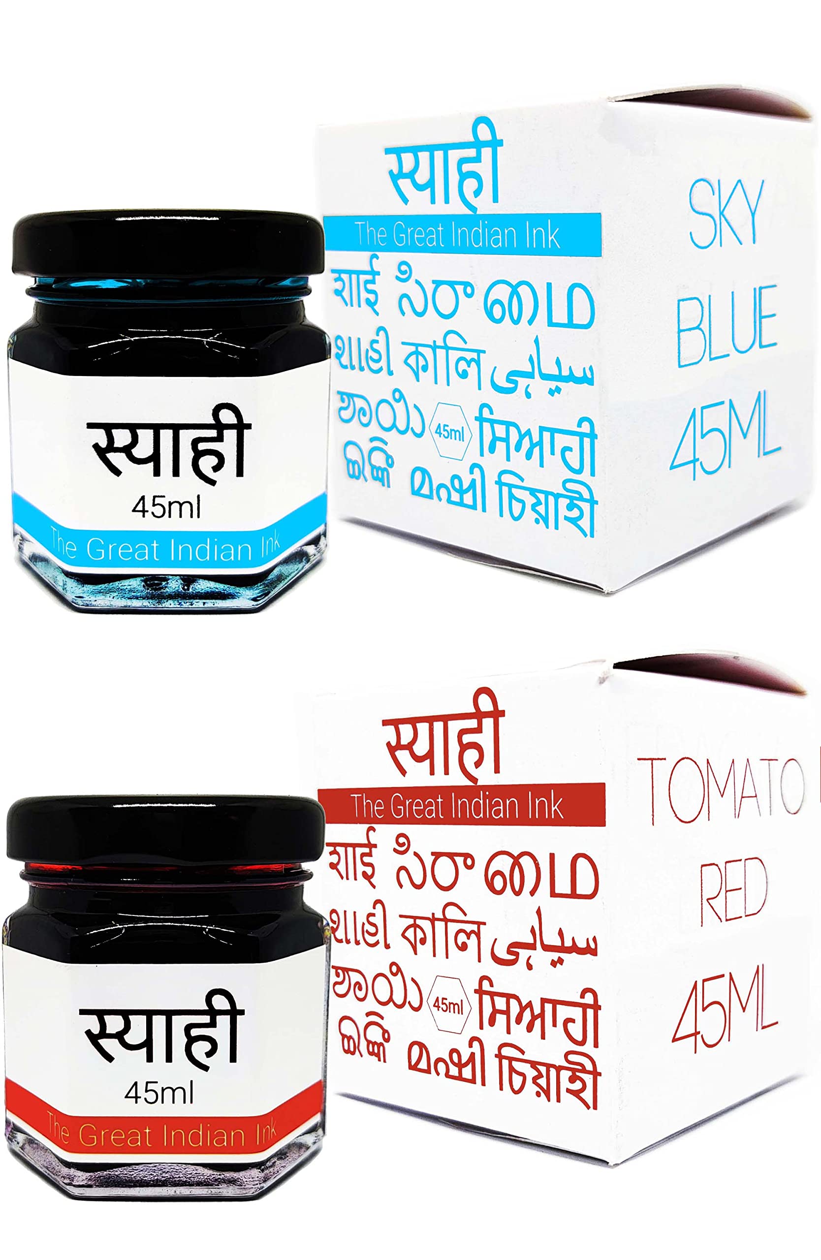 Syahi - The Great Indian Ink - Fountain Pen, Calligraphy, Drawing, Doodle, V5, V7, Trimax (Tomato-Red-Sky-Blue)