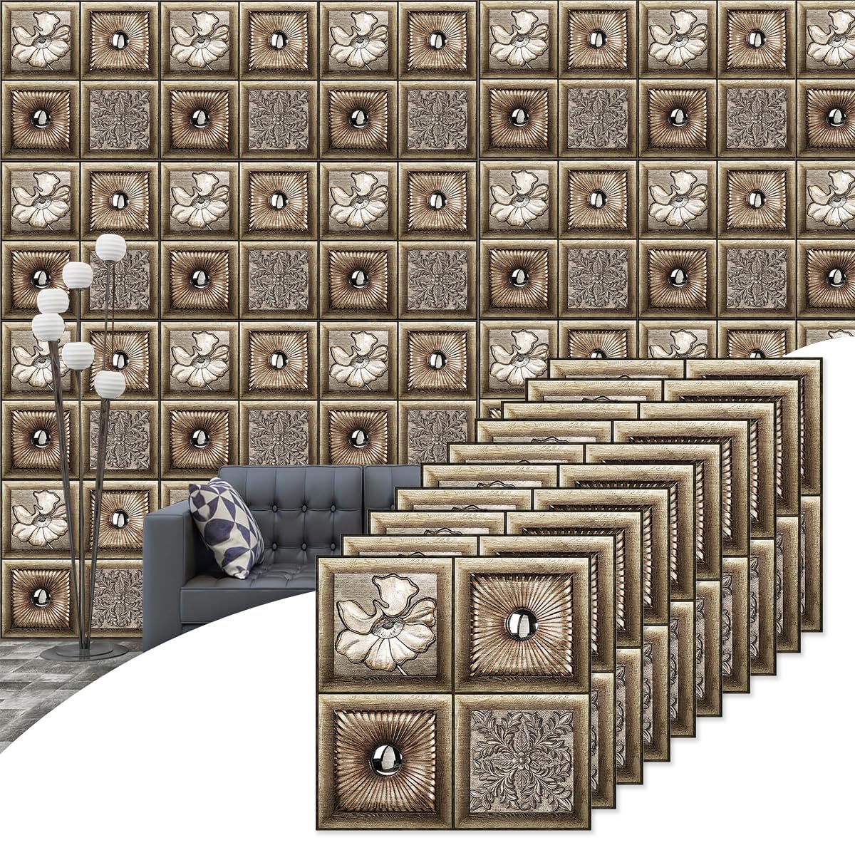 HASTHIP® 10Pcs 3D Vintage Floral Embossing Wall Stickers - 11.8 Inches Square Self-Adhesive Brick Wallpaper, DIY Wallpaper for Home Hotel Living Room Bedroom Cafe Deco (B0DFCPBJYR) Amazon Price History, Amazon Price Tracker