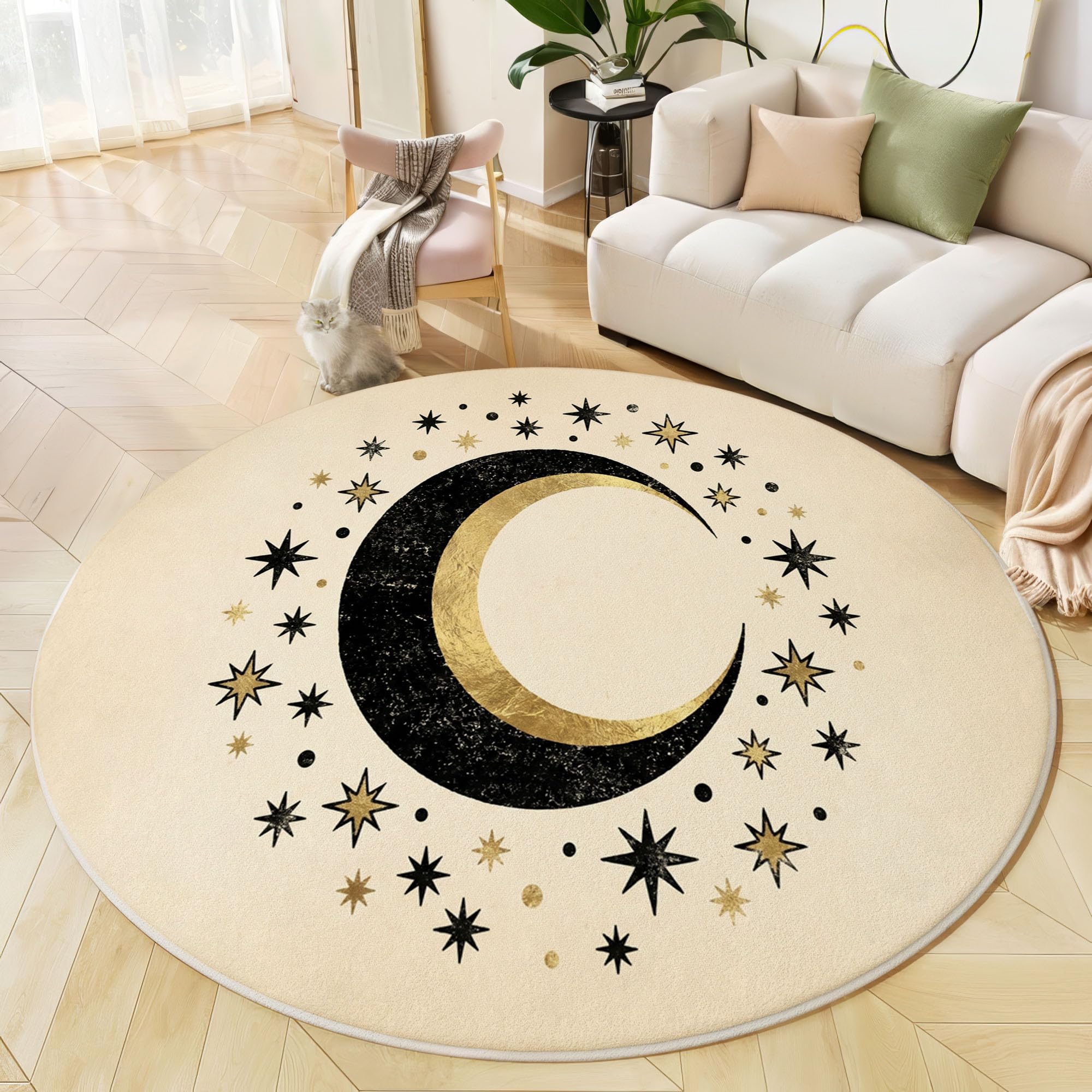 Tapis Rond Lavable Antidérapant Mystérieuse Lune d'or Noir | Étoiles De Luxe Peintes À La Main Rond Tapis 160 Cm Doux Poil Ras Pour Salon Chambre Bureau, Beige Moquette Circulaire