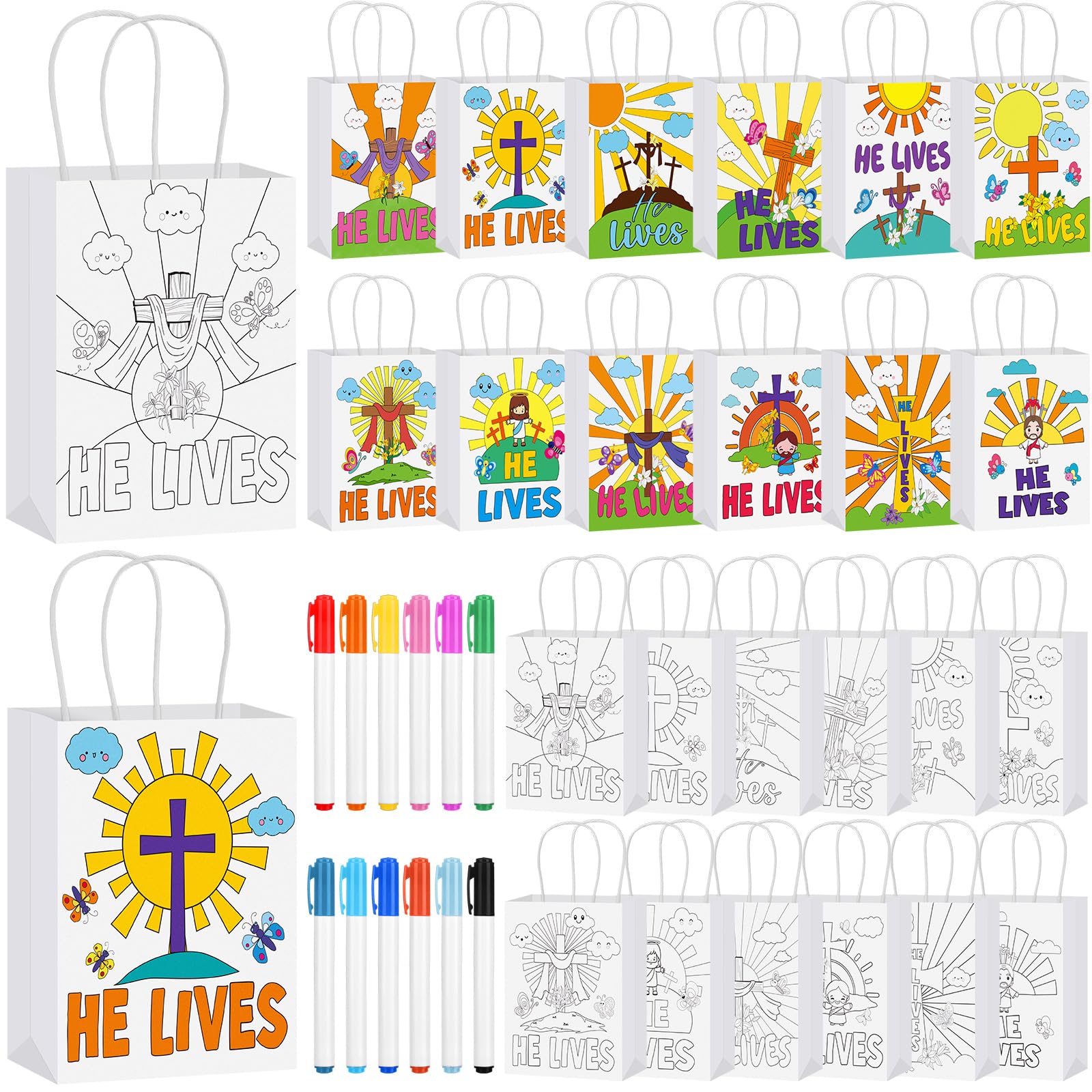 Abbylike 72 Pcs Easter Coloring Paper Bags He Lives Bags Religious Color Your Own Crafts for Kids Easter Christian Painting Gift Supplies with 48