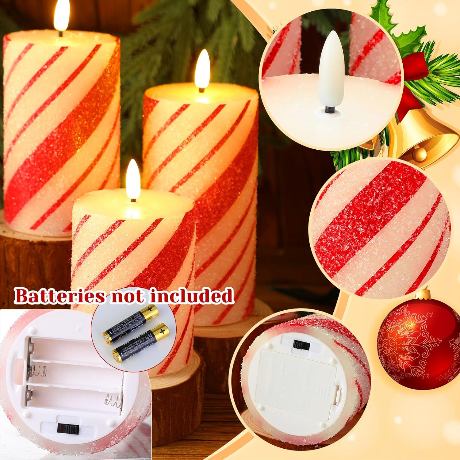 6 Pcs Christmas Candles 4, 5, 6 Inch Battery Operated Flameless Pillar Candles Candy Cane Flameless Christmas LED Candle Flat Top Flickering Xmas Candle Home Decorations for Xmas Party Decor