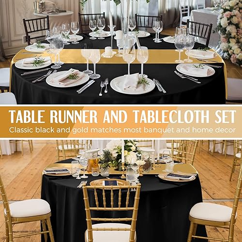 Miniatura 5 de Tudomro Juego de 8 manteles redondos de plástico y camino de mesa de satén de 12 x 108 pulgadas, manteles redondos de 84 pulgadas para fiestas,