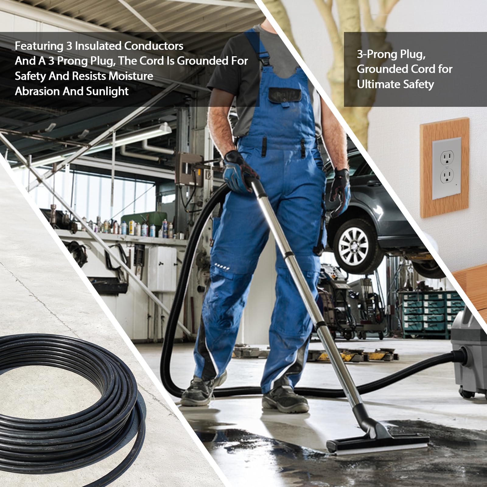 Cable de extensión negro de 15 pies para interiores y exteriores, cable eléctrico impermeable de calibre 16 con enchufe a tierra de 3 puntas, cable eléctrico SJTW de 13 A, 1625 W, 16/3