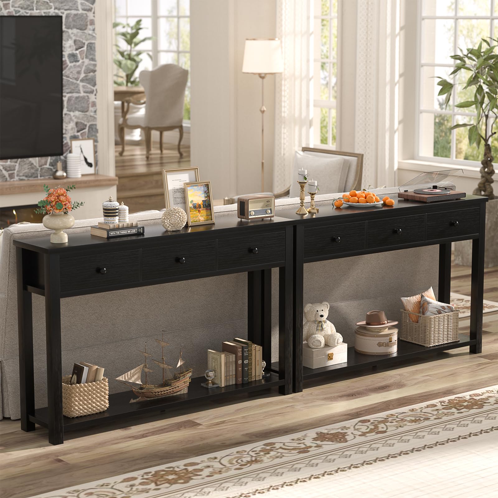 iSunirm Table console avec 3 tiroirs, 120 cm de largeur, en bois, avec compartiment de rangement pour salon, derrière le canapé, table de couloir pour couloir, salon ou entrée, noir
