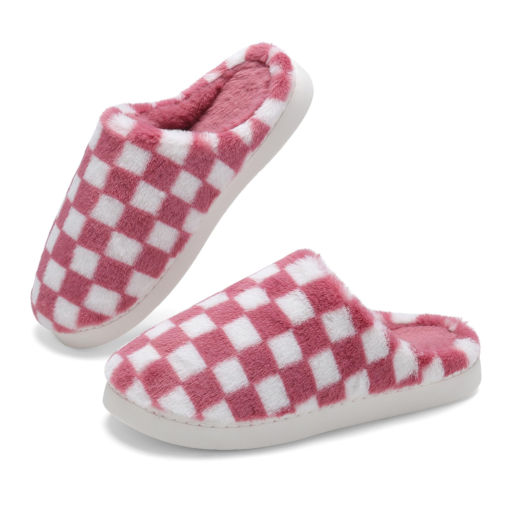 Women House Checkered Slippers - Mens Cozy Fuzzy Plaid Memory Foam Slippers with Faux Fur Lining for Indoor