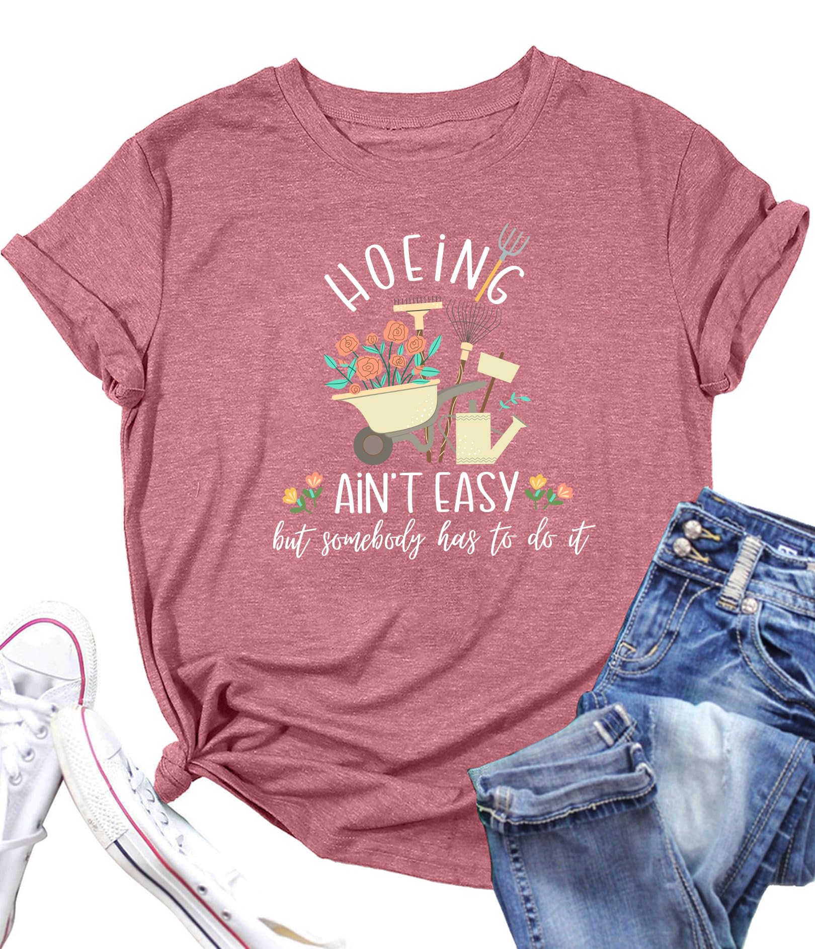 Garden Shirts for Women Plant Lover T Shirt Hoeing Ain't Easy Graphic Tee Short Sleeve Gardener Gift Blouse Tops