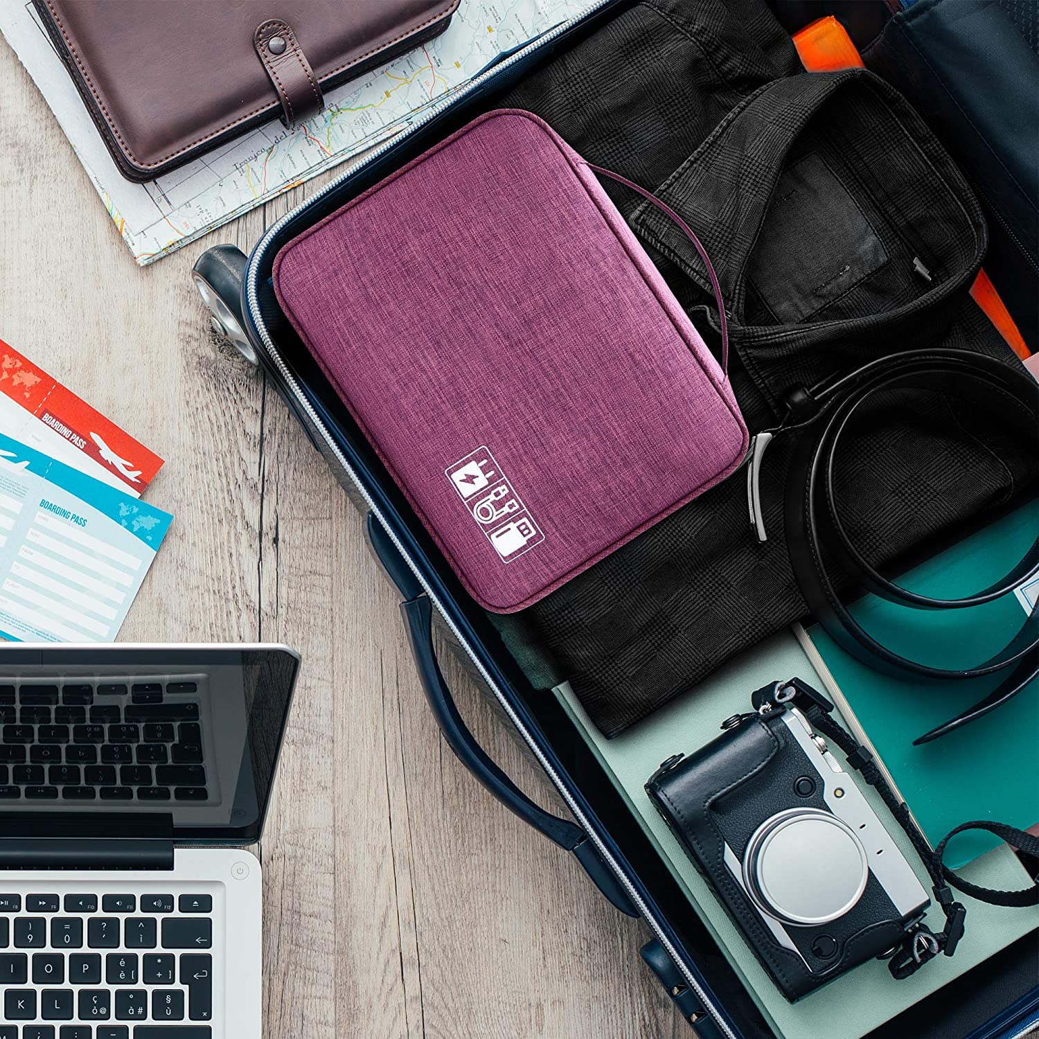 Torba elektroniczna organizer przenośna torba na kabel do tabletu, zewnętrzny dysk twardy, ładowarka, kable, adaptery, karty pamięci, przewody USB, fioletowy, Łatwe do noszenia