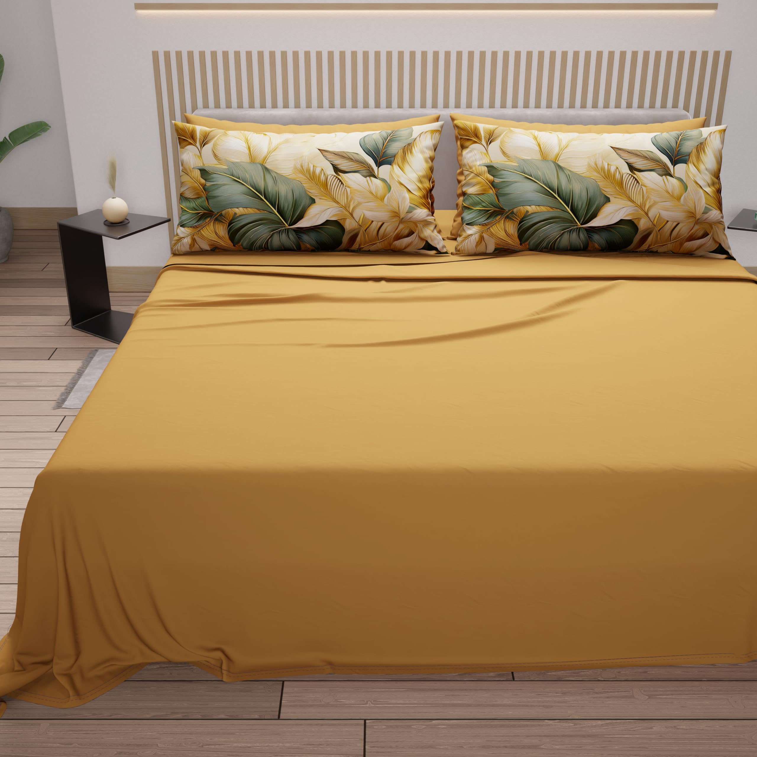 PETTI ARTIGIANI ITALIANI - Juego de Sabanas de Algodon para Cama Doble con Fundas de Almohada y Sábana Bajera 160x200, Diseño Floral 165 Ocre, 100% Fabricado en Italia