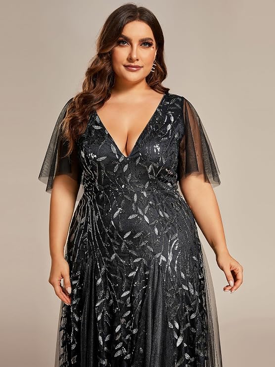 Ever-Pretty Women's Sequin V Neck Plus Size Formal Dresses Evening Gown