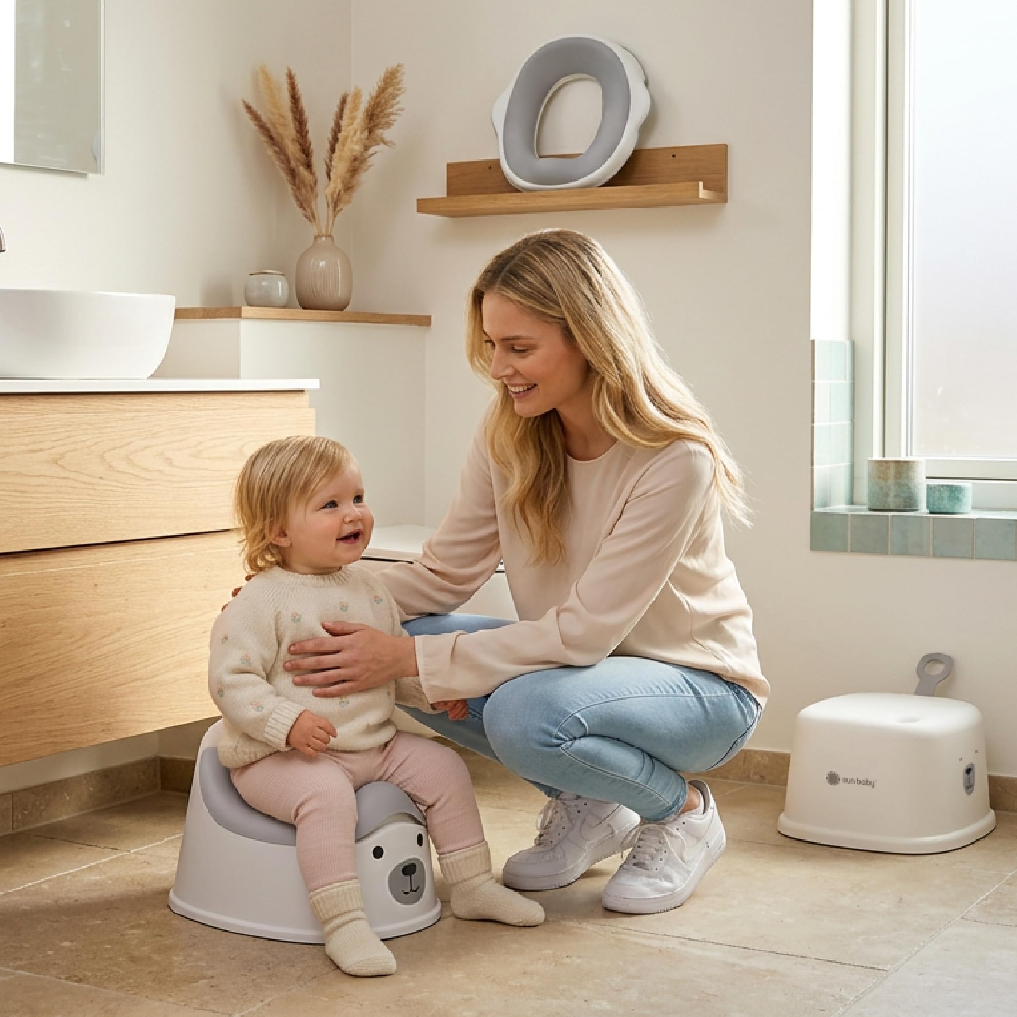 SUN BABY Set de Orinal Infantil 3 en 1 18-36 Meses - Beige | orinal, reductor WC, taburete antideslizante, cubeta extraíble