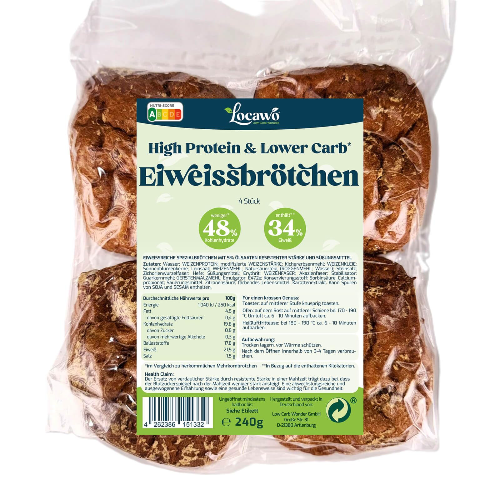 Locawo High Protein & Low Carb Eiweißbrötchen | 21g Protein auf 100g | Voller Weizengeschmack | Vegan | ideal für eine eiweißreiche, kalorien- und zuckerreduzierte Ernährung