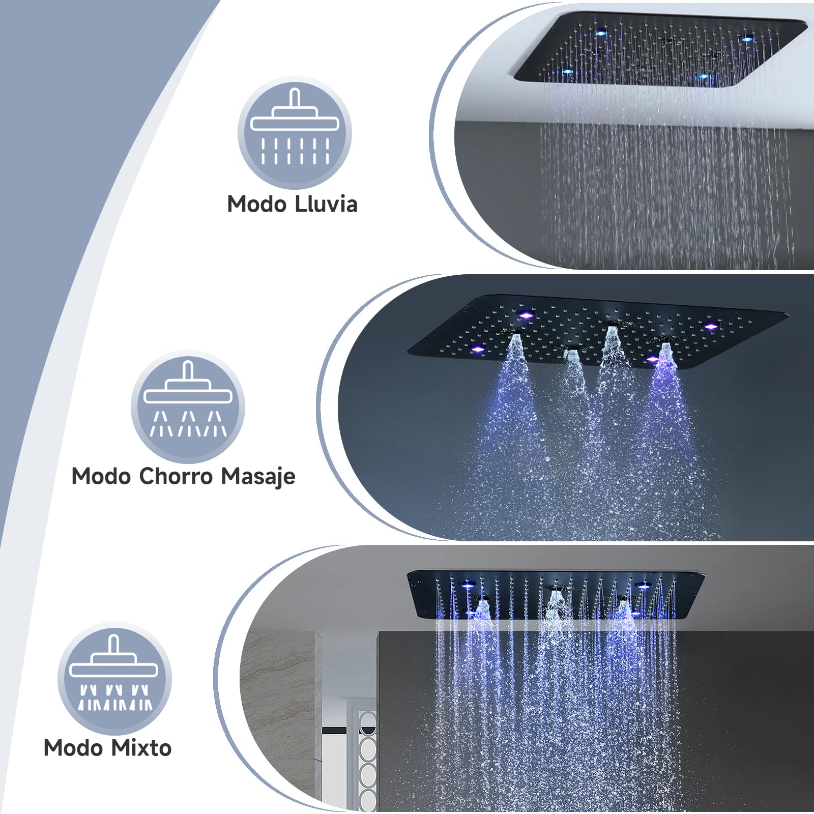 Columna Ducha,Sistema de ducha termostático de doble función,Rociador de ducha fijo de 500 x 500 mm (3 modos de chorro) y ducha de mano flexible (3 modos de chorro),Equipado con luz LED,Negro