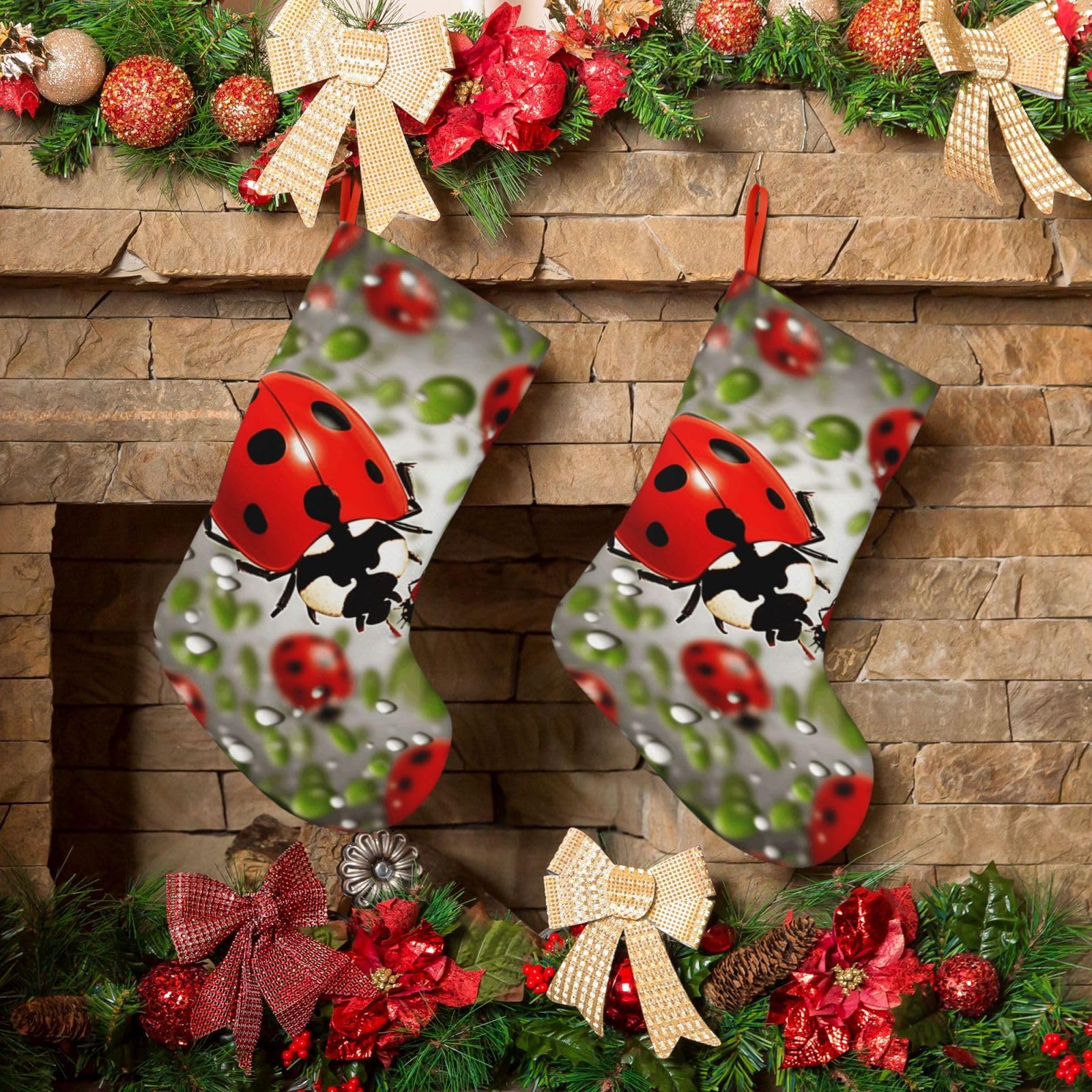 Fodpand Boys Black Ladybug Christmas Stockings Hanging Ornaments For Holiday Decor, 18 Inches Velvet Fireplace Hanging Xmas Stocking, Candy Gift Bags For Christmas Decorations