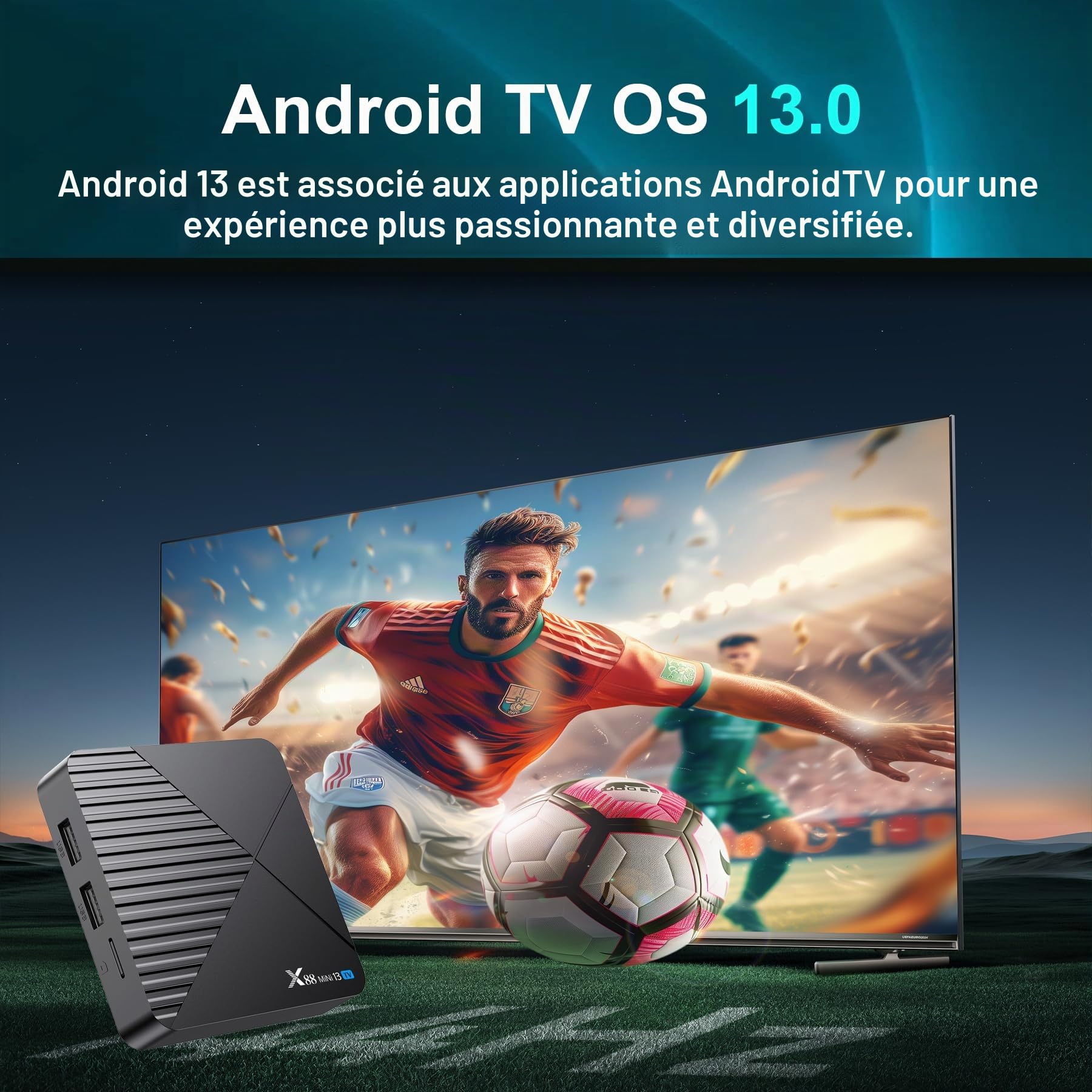 Android TV Box 13.0, 2025 Android Box avec RAM 4G ROM 32G 3D HD 8K WiFi6 Enternet10/100M BT5.0 USB3.0 HDR10 Cast Screen Smart TV Box