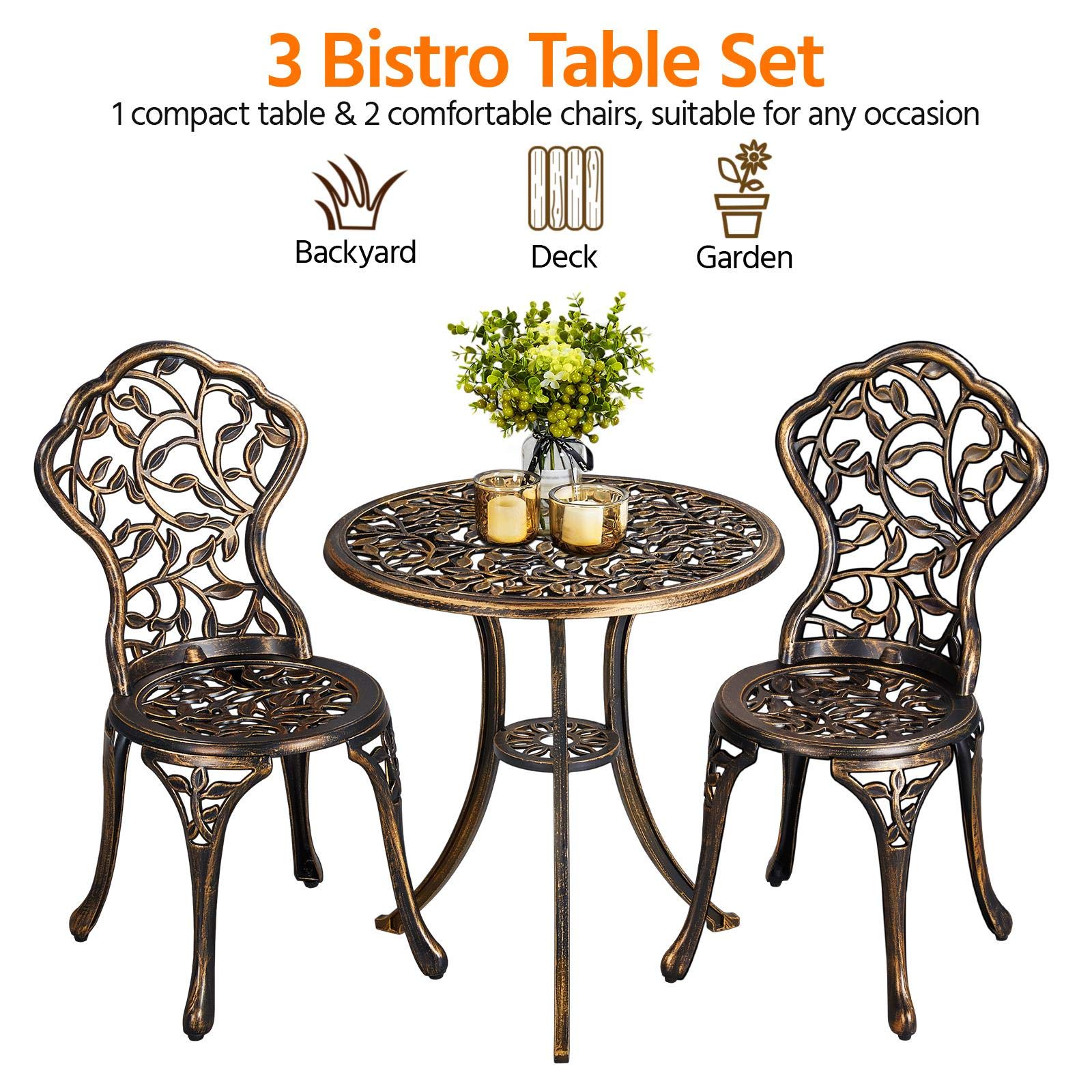 Yaheetech Set di Tavolo e Sedie da Giardino 2 Sedie 3 Pezzi Bistrò Veranda Set Mobili Balcone Motivo a Foglia in Alluminio Bronzo