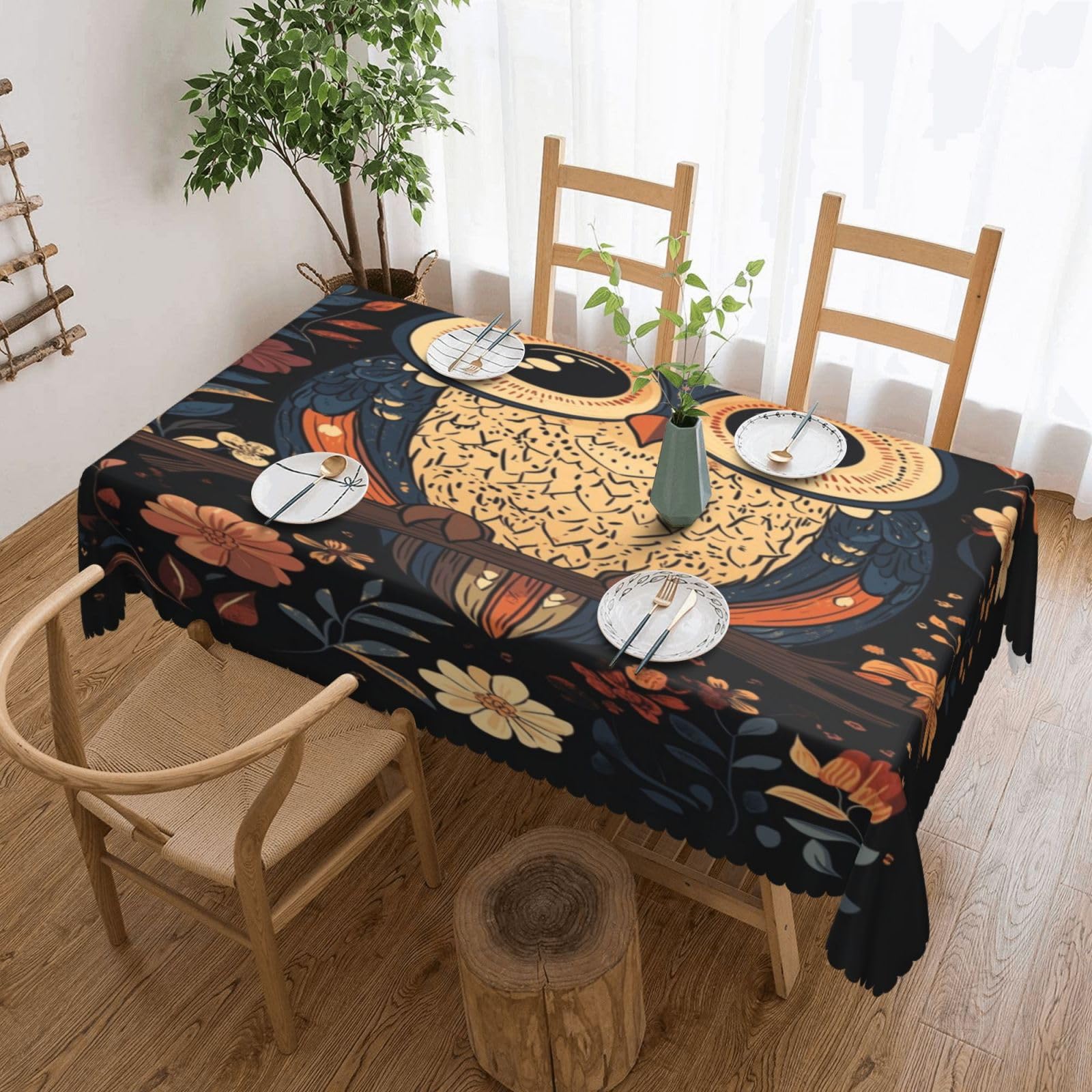 Nappe tablecloth hibou fleurs illustration numérique haute définition 137x183