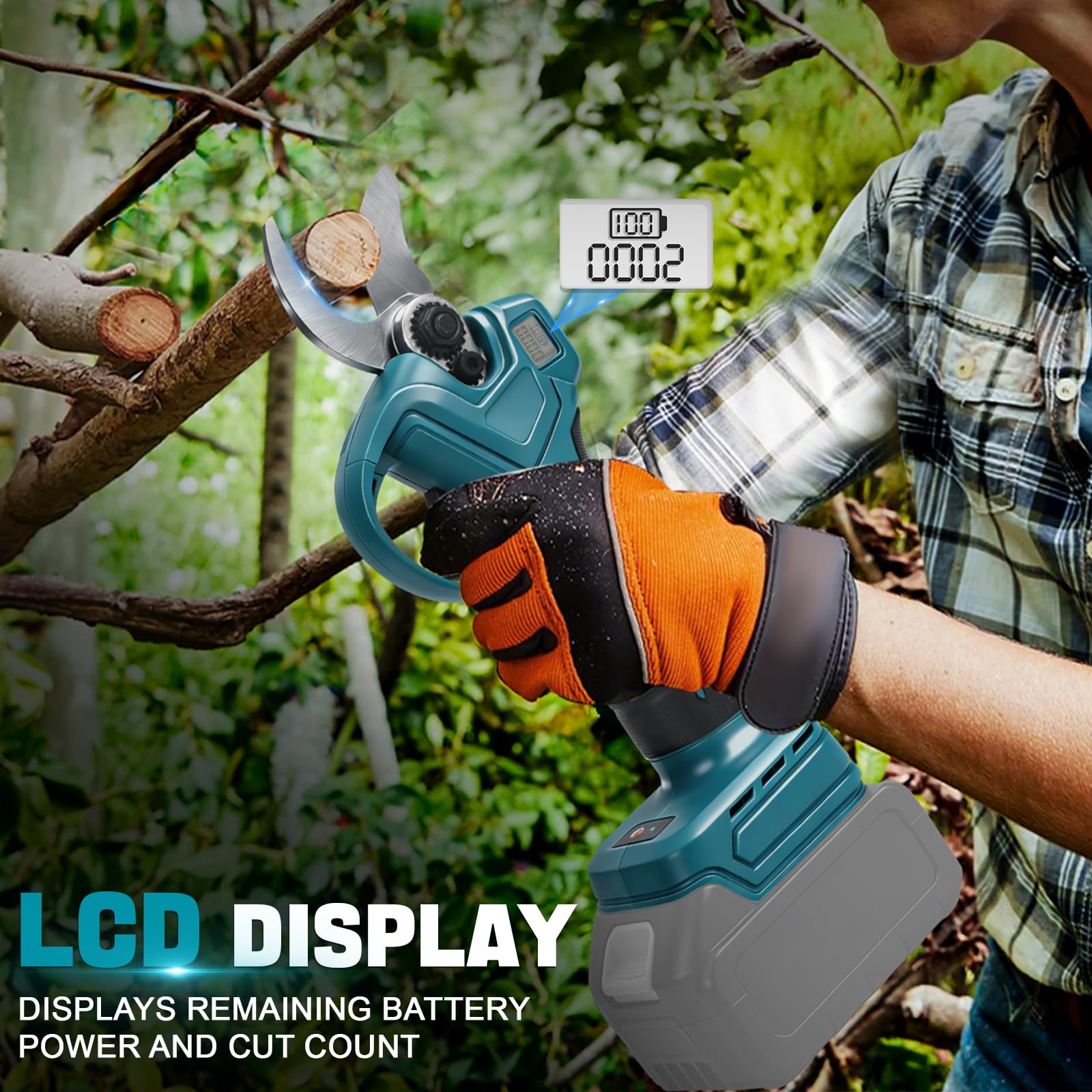 Akku Astschere Mit 2.0M Teleskop für Makita 18V (ohne Akku) 1000W | Bürstenlose Gartenschere Öffnung 45mm, Max 30mm Schnittdurchmesser, LCD Display Elektrische Schere zum Sträuchern und Ästen
