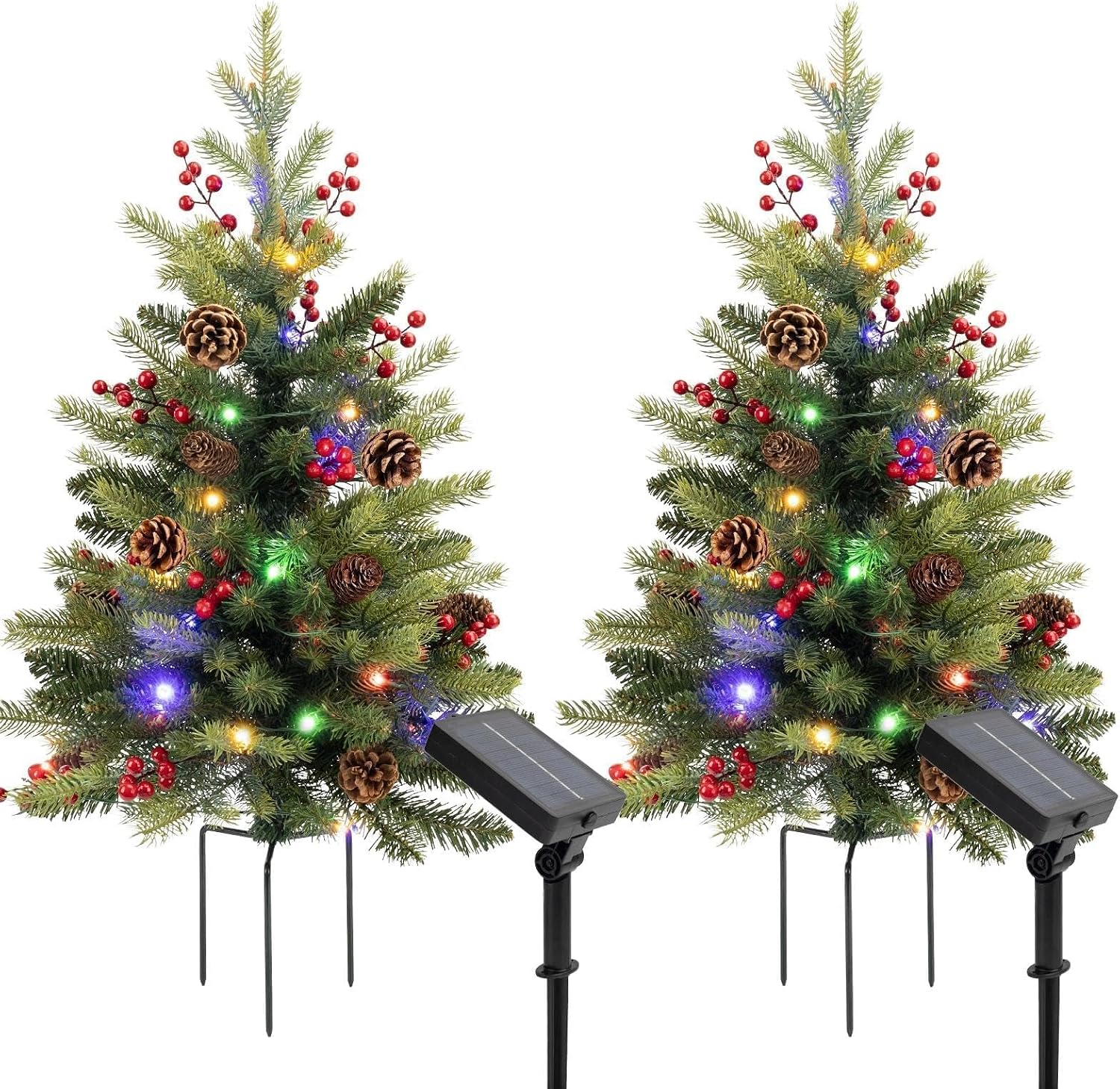 Set of 2 Solar Christmas Tree 24.4 Inch Pre-lit Outdoor Christmas Tree with 50 LED Lights, 8 Modes & Timer, Lifelike Outside Xmas Tree with Pine Cones Ceder & Berries for Pathway & Porch & Yard Decor